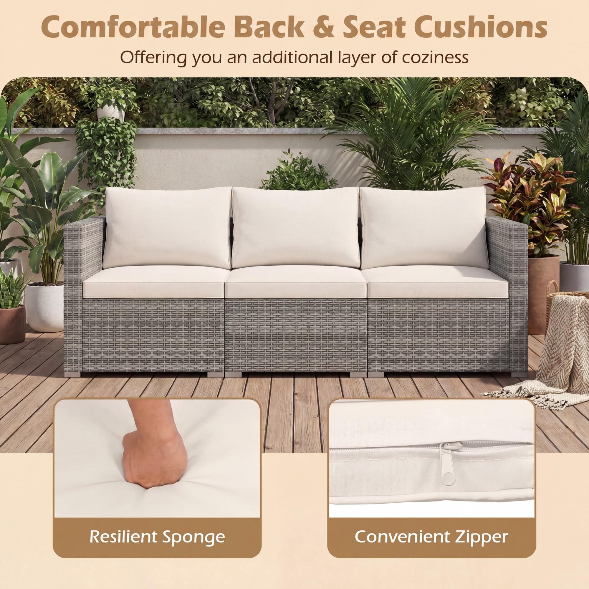 GIANTEX Divano da Giardino a 3 Posti in Rattan con Cuscino Imbottito, Mobili per Terrazza e Balcone, Colore Beige/Grigio, 193 x 67 x 61,5 cm (Beige)