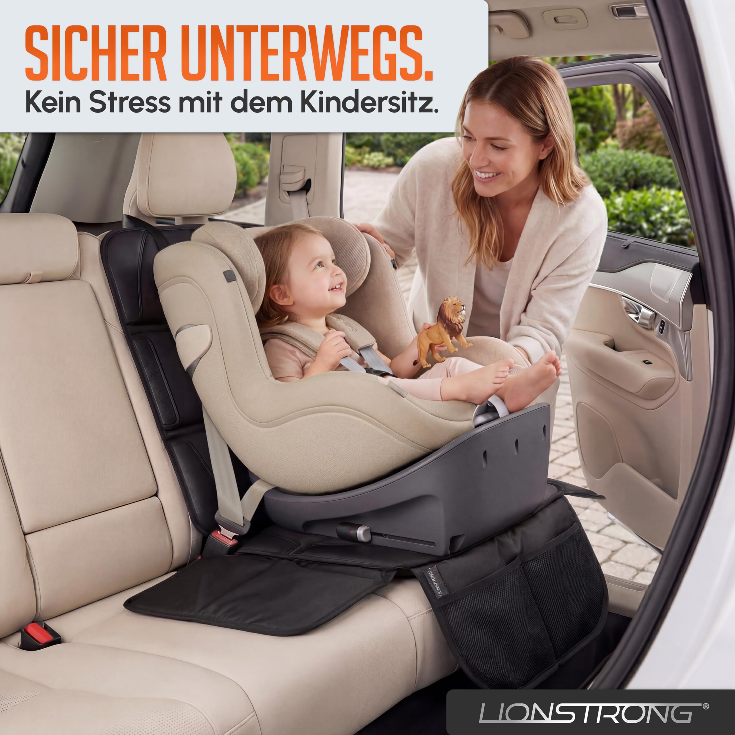 LIONSTRONG® Kindersitzunterlage Autositzschoner [ISOFIX GEEIGNET] - wasserabweisender Polyester Stoff schwarz - Sitzschutz Sitzschoner Auto Kindersitz - universell kompatibel (Schwarz)