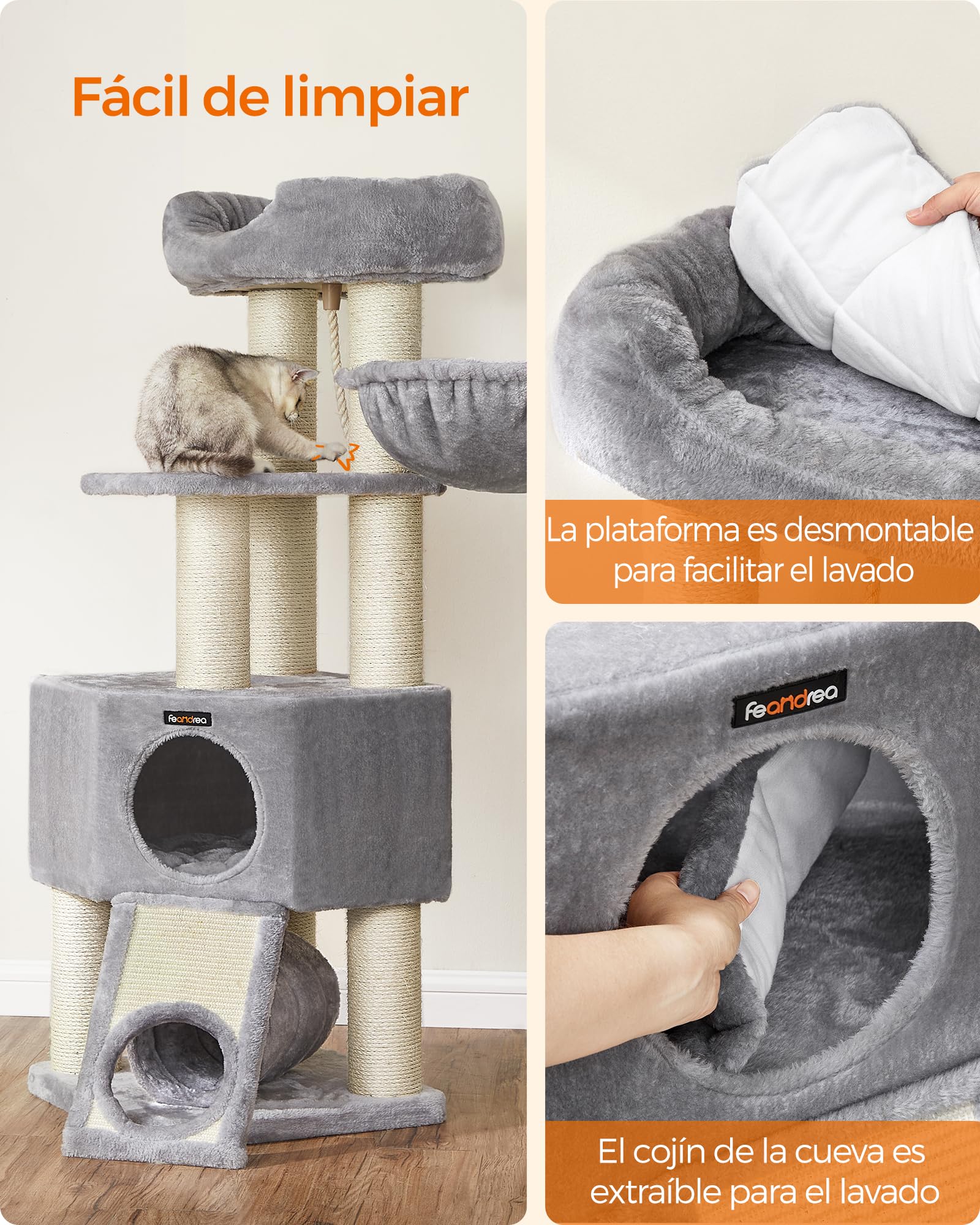 FEANDREA Árbol Grande para Gatos, Rascador para Gatos Tamaño M, Cueva, Hamaca, Plataforma de Felpa, Túnel, Columna de Cuerda de Sisal, Poste de Rascado, 50 x 50 x 141 cm, Gris Claro y Natural