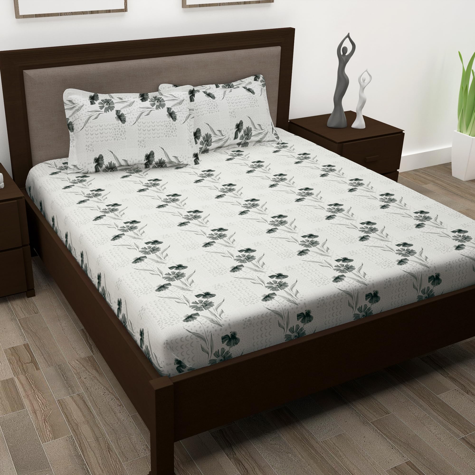 Story@Home Metro Collection: 186 TC Cotton Double-Size Set Includes 1 Olive Green & White Floral Pattern bedsheet (225x250 cm) with 2 Pillow Covers (46x69 cm) Ideal for All-Season Comfort.