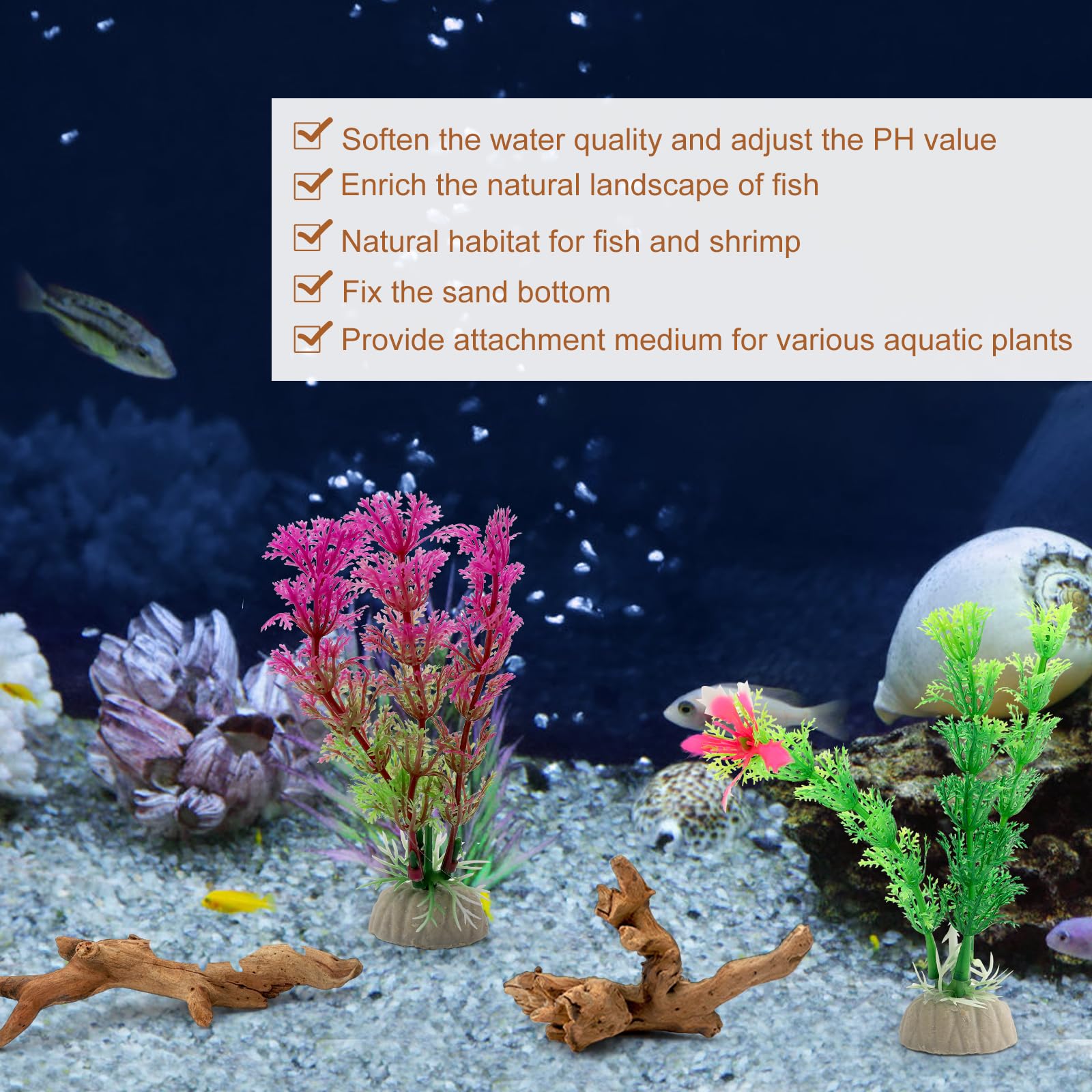 6 pezzi piccoli legni naturali e piante acquatiche simulate per acquari, legni naturali e rami, legno per acquari, decorazione di rami per bacini rettili, terrario (10-15 cm)