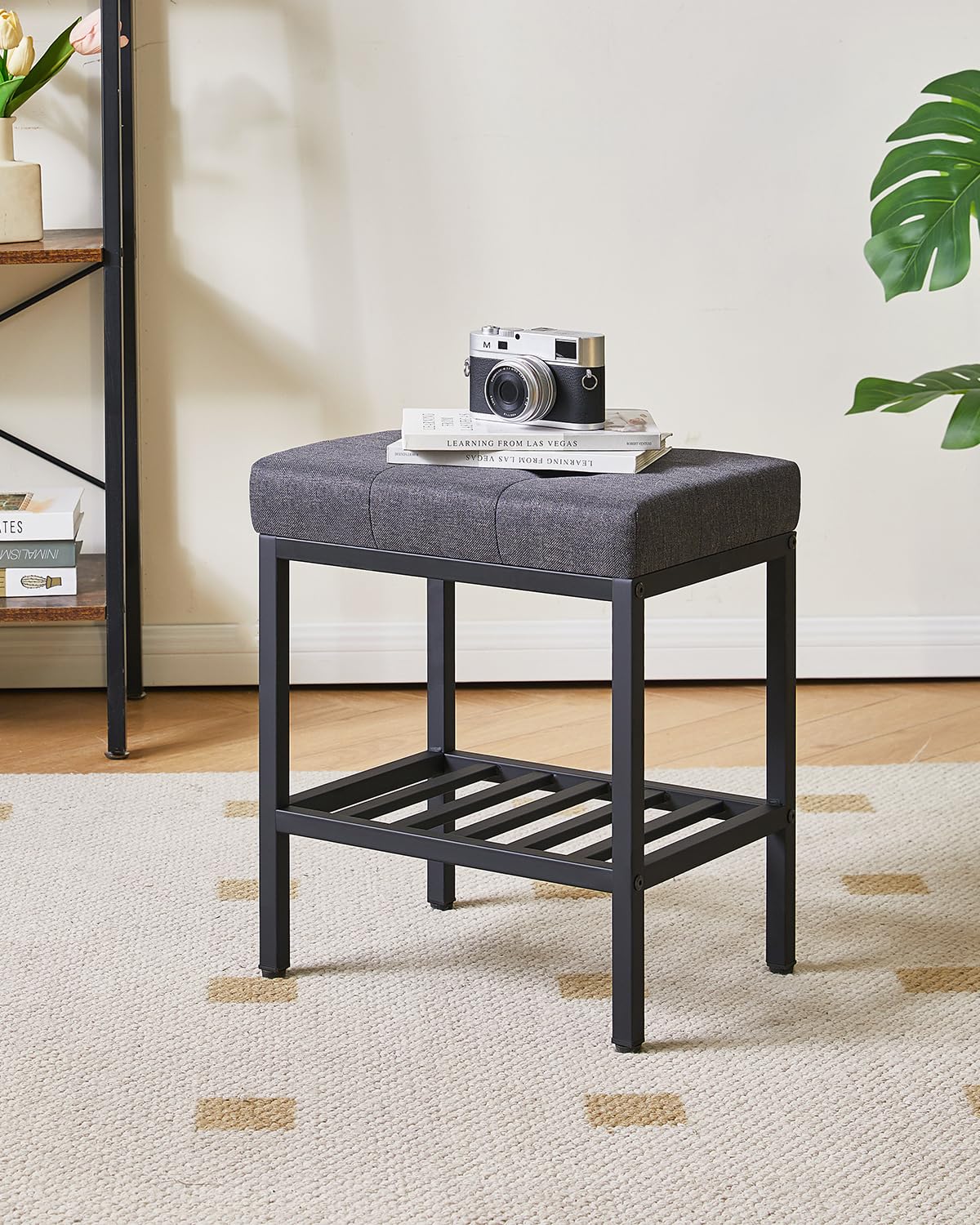 IBUYKE Silla de Maquillaje Rectangular con Patas Ajustables y Almacenamiento, Gris Oscuro