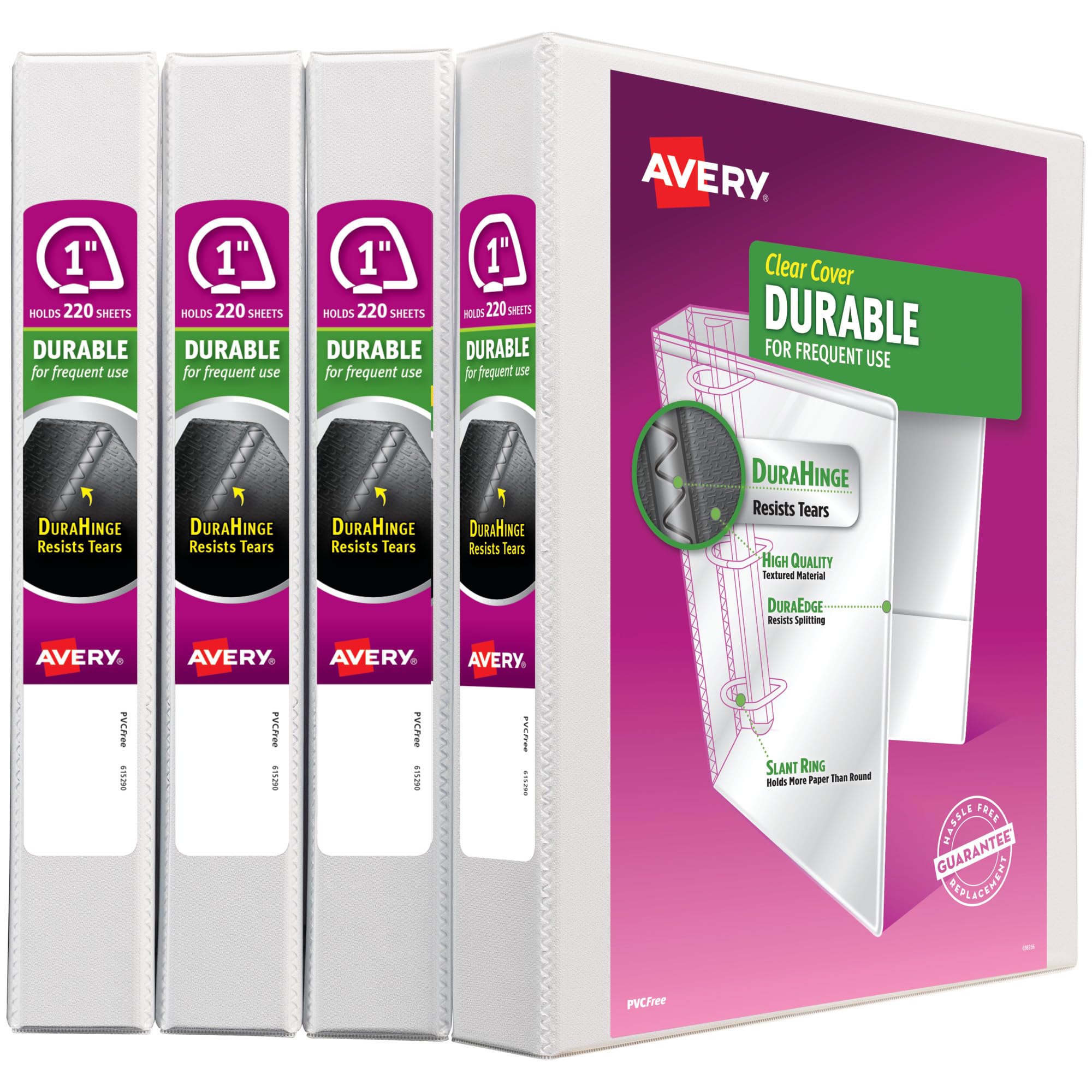 Avery Durable View 3 Ring Binders for Home, School Supplies, Office, or Organization Needs, 1" Slant Ring, 4 Pack White Binders (17575)