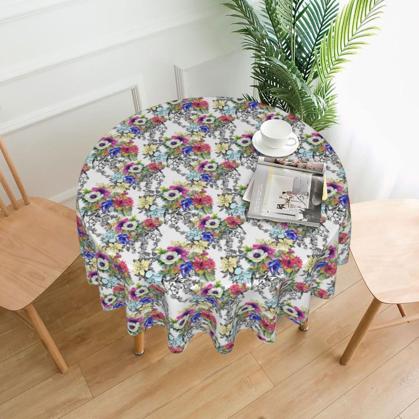 OXbnmm Garden Blossoming Wildflowers Birds Leaves Branches Print Soft Round Tablecloth 60in Polyester Washable Cover Cozy Gift for Mom Housewarming