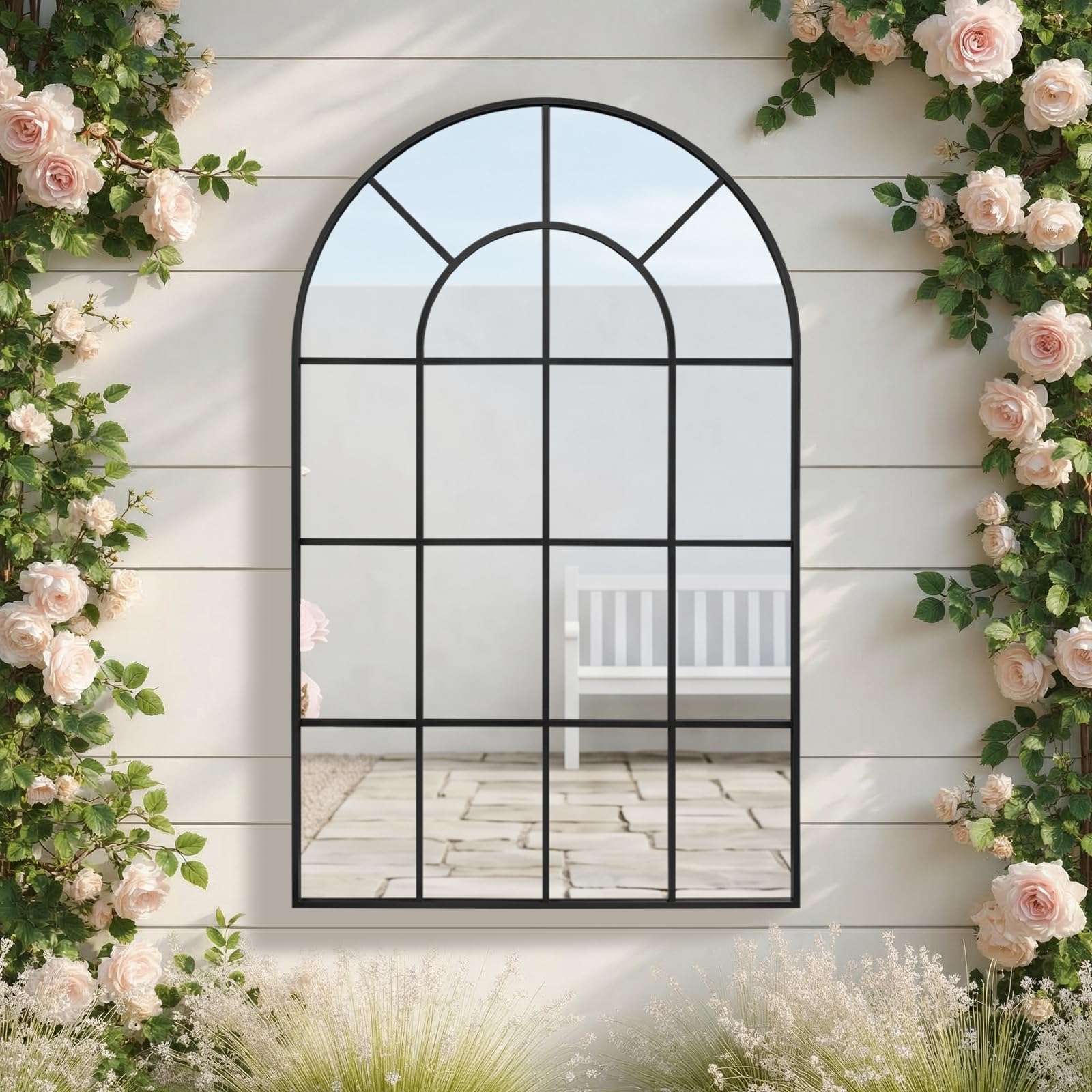 Reflix Specchio da giardino, 100 x 75 cm, specchio da parete decorativo, specchio per finestra con telaio in alluminio, per corridoio, soggiorno, camera da letto, ingresso, nero