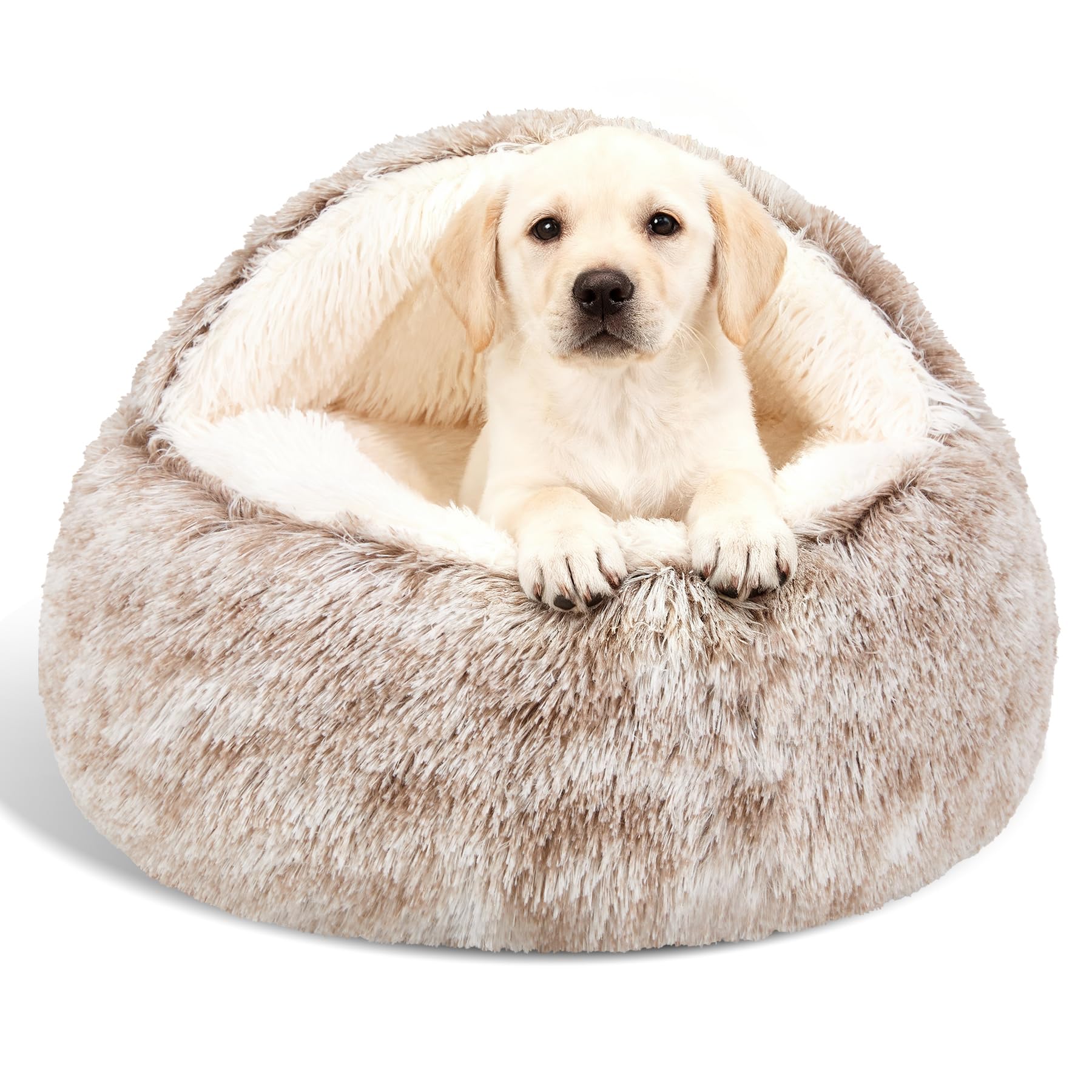 Calming Dog Beds & Cat Cave Bed with Hooded Cover,Removable Washable Round Beds for Small Medium Pets,Anti-Slip Faux Fur Fluffy Coved Bed for Improved Sleep,Fits up to 15/25 lbs(Medium,24"x24")