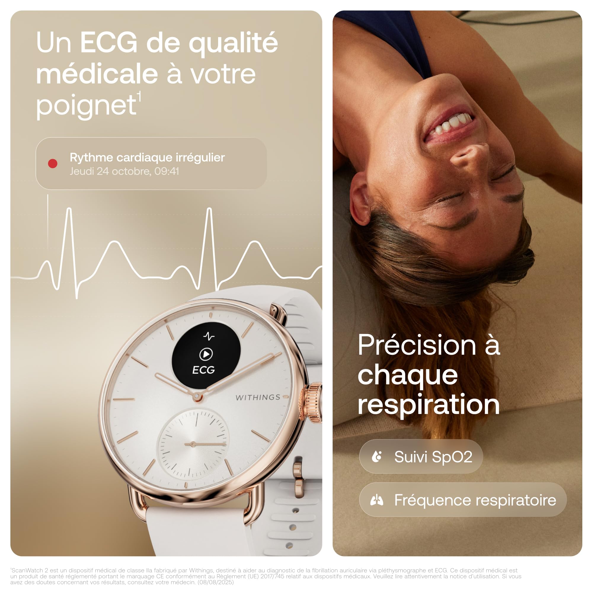 Withings ScanWatch 2 - Montre connectée, ECG, SpO2, température, Suivi du Sommeil, santé respiratoire, activités, Calories, étanche, Batterie de 35 Jours, Android & iOS, 38mm, Rosegold