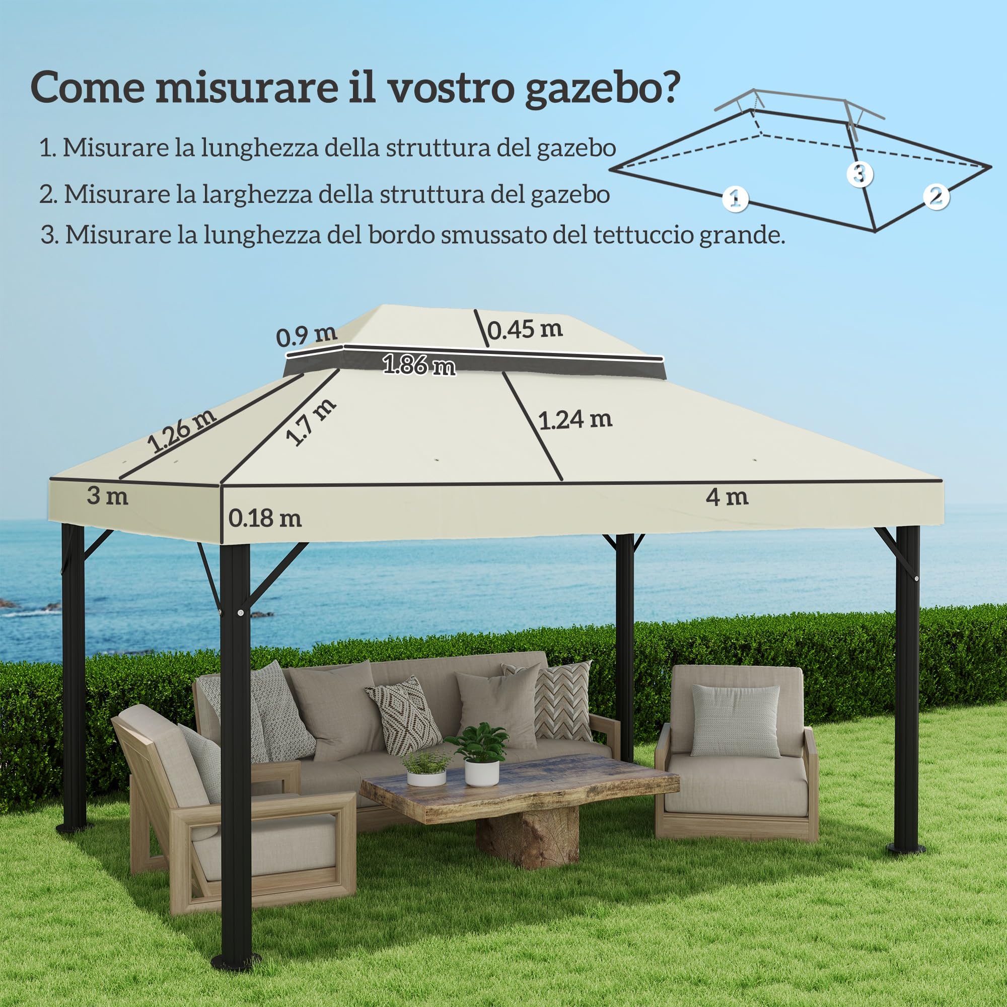 Outsunny Tetto di Ricambio per Gazebo 4x3 m a 2 Livelli Bianco Crema | da Giardino, Telo Gazebo, Resistente all'Acqua, Tessuto Oxford 370g/㎡, Anti-UV 30+, Fori di Drenaggio
