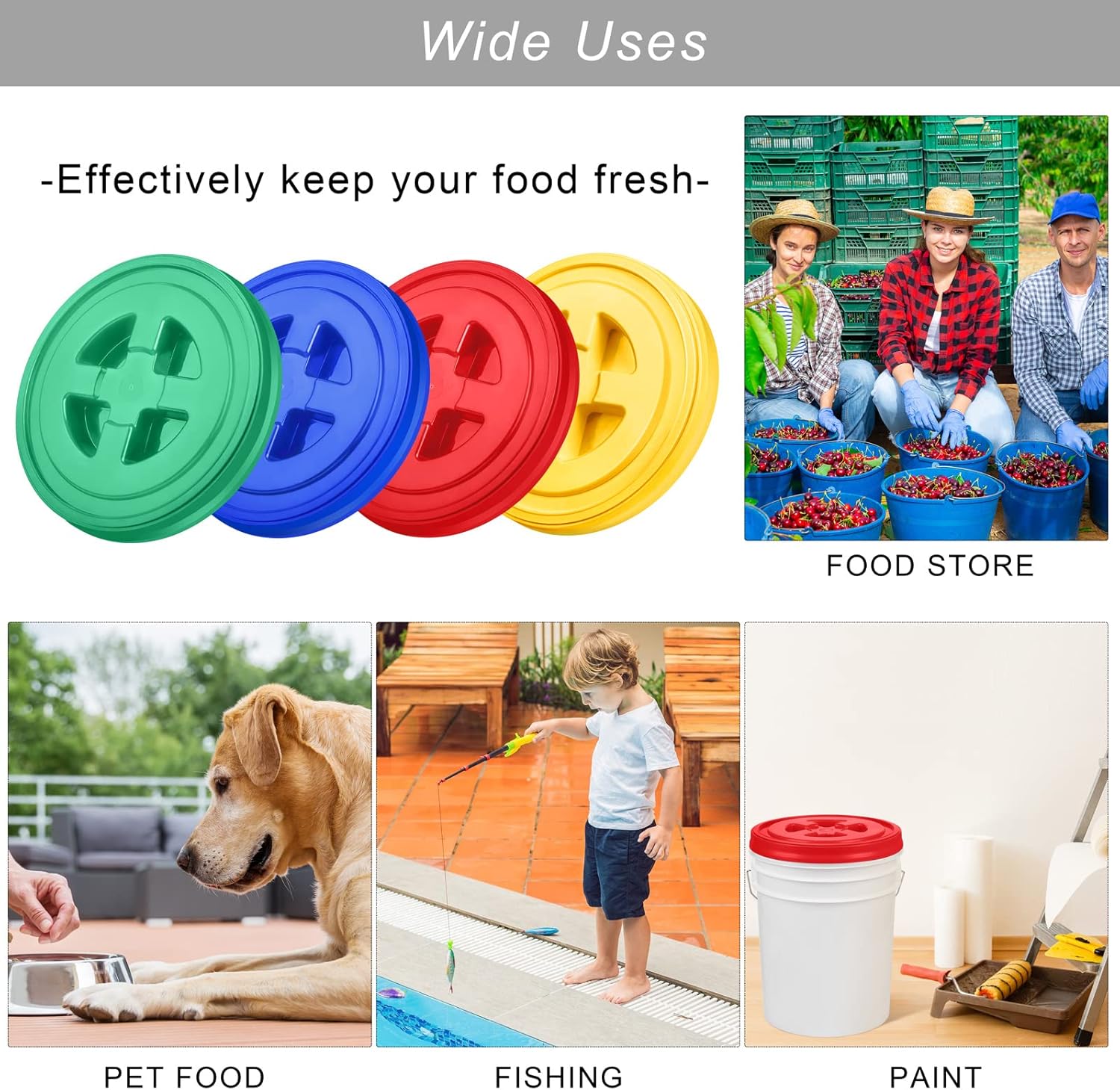 Aodaer 4 Pieces Seal Lid 5 Gallon Bucket Twist Lid Food Storage Container Lid Reusable Plastic Seal Lid Food Storage Container Lids (Red, Yellow, Blue, Green)