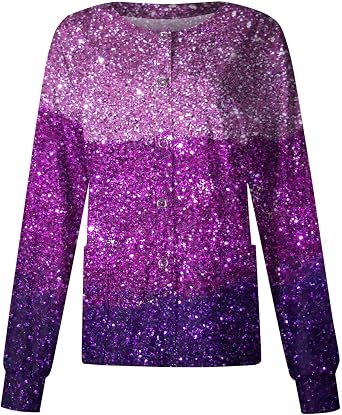 Womens Scrub Jacket Long Sleeve Snap Front Scrub Tops Plus Size Printed Warm Up Nurse Working Uniforms