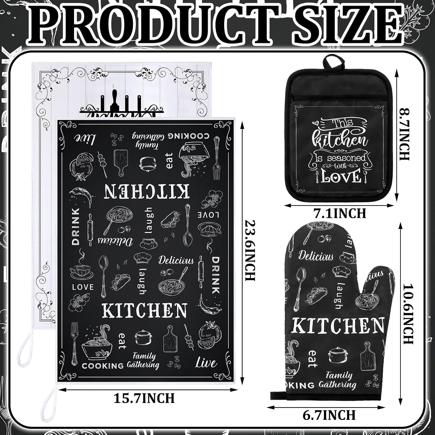 Leinuosen 6 Kitchen Towels Sets Kitchen Decor Accessories Set with Oven Mitts and Pot Holders Farmhouse Oven Glove Decor for Cooking Baking Grilling Supplies (Classic Black and White,Vivid)