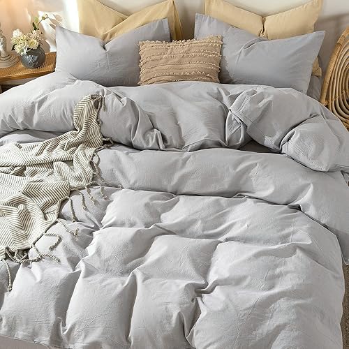 Miniatura 5 de MooMee - Juego de funda de edredón, 100% algodón lavado, textura parecida al lino, transpirable, duradero, suave y cómodo (gris lavanda, King)