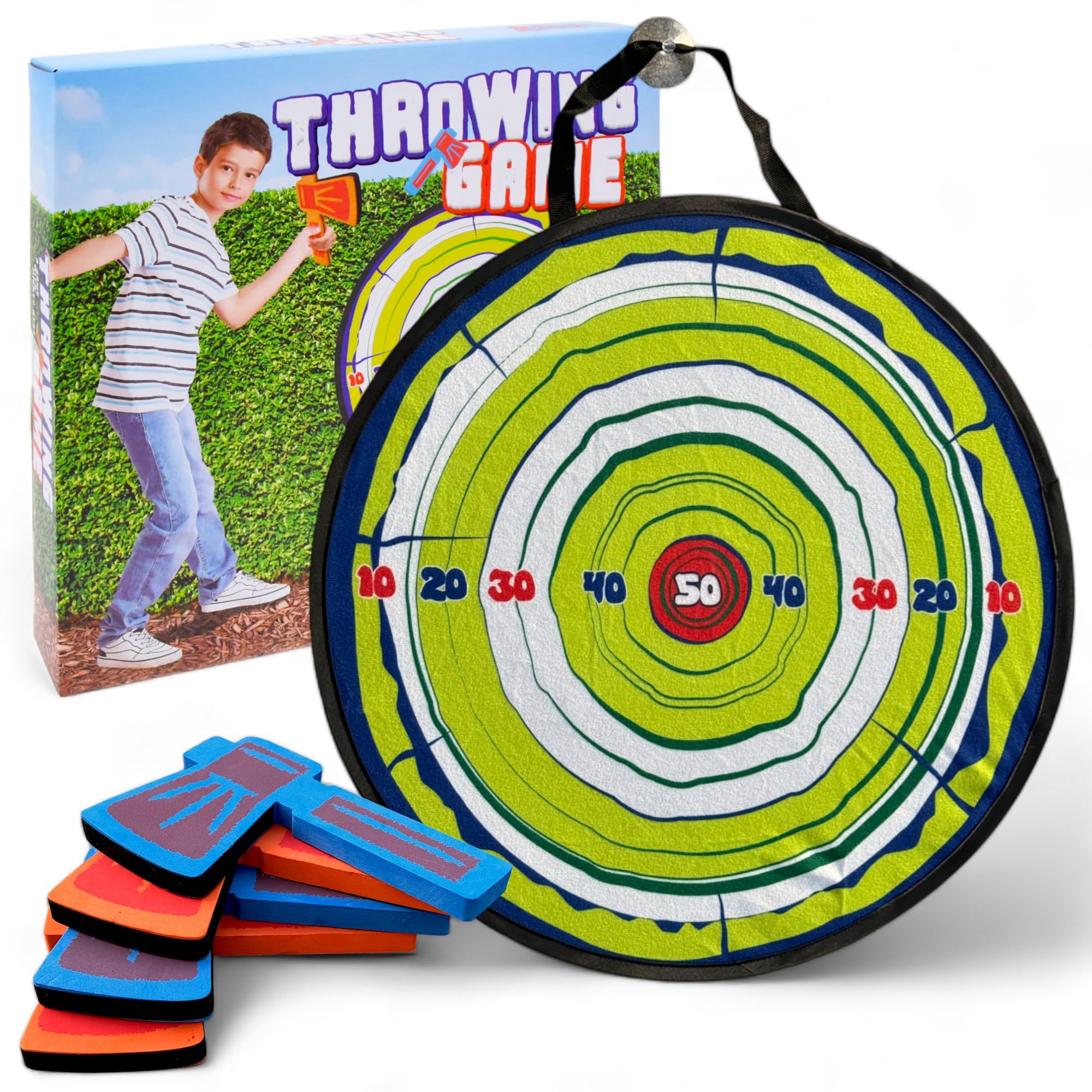 MIJOMA Indoor and Outdoor Axe Throwing Game - Fun for Kids and the Whole Family with Foldable Target Disc and 4 Foam Axes
