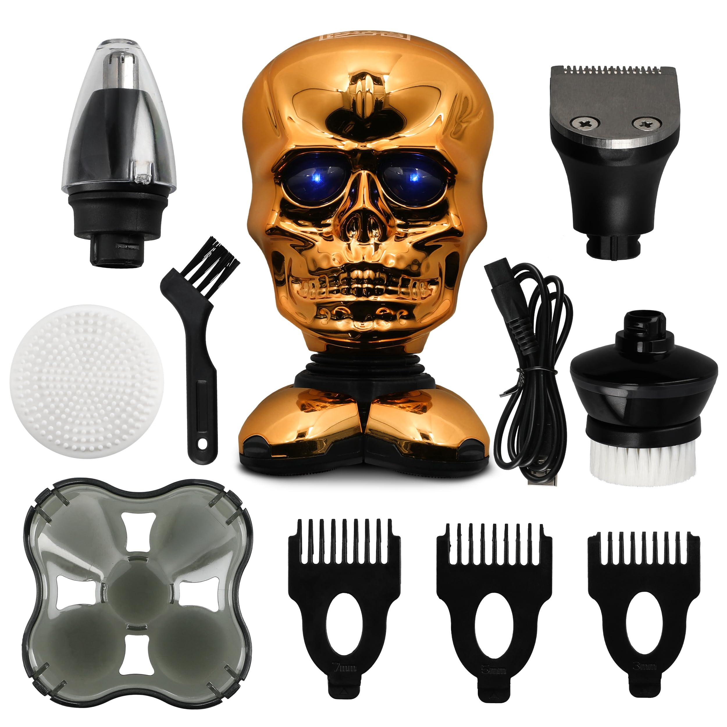 RAZNIA IMPORTS-Rechargeable Head Shavers for Bald Men – Golden Skull, 4 Floating Heads - Bald Head Shavers for Men, LED Display, Long-Lasting Battery, Attachments & Cleaning Brush