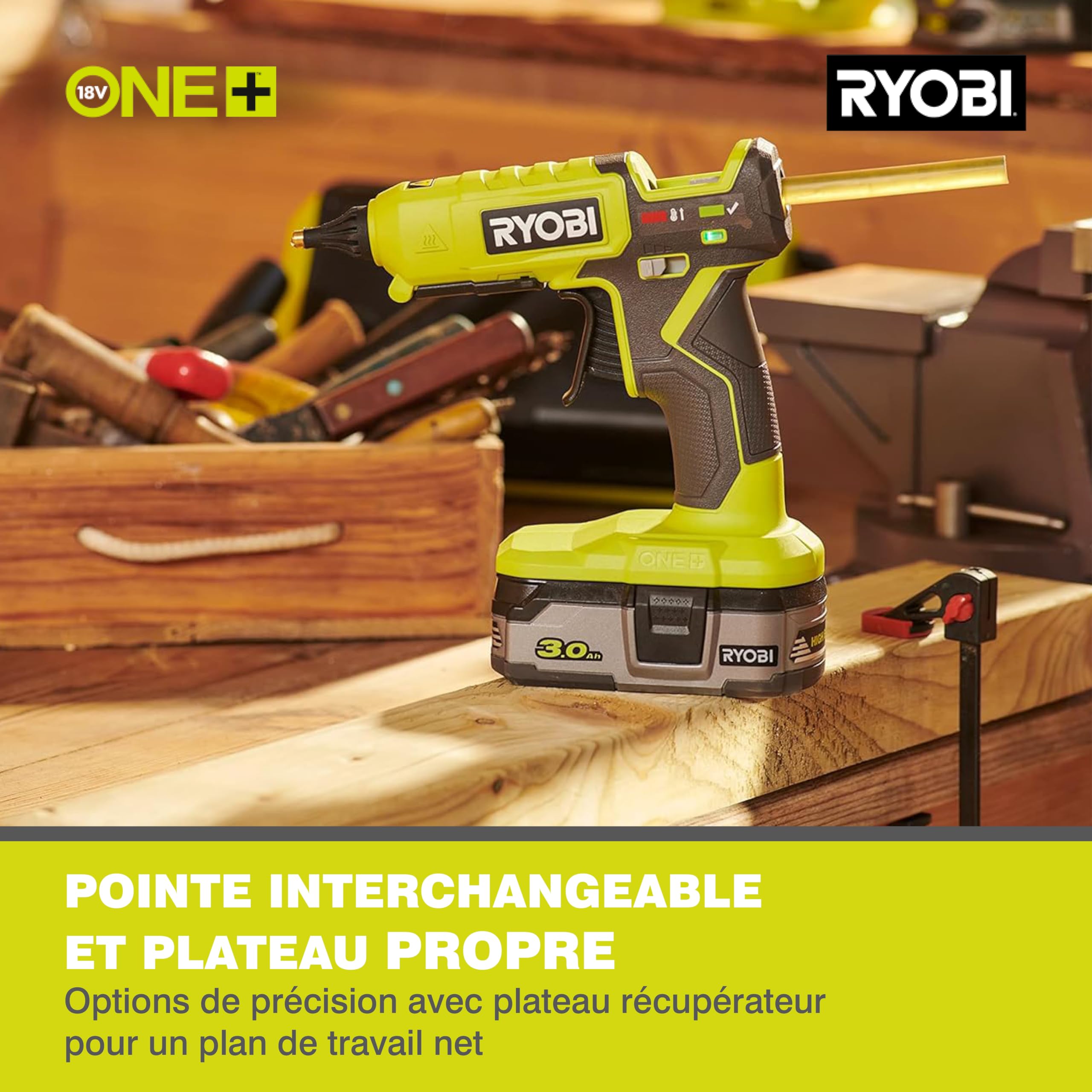 RYOBI - Pistolet à Colle Sans Fil 18V ONE+ RGL18-0 – Montée en Température Rapide (3min), Pour Colle Ø11 et 12mm, Colle Précise et Propre – Batterie Non Incluse
