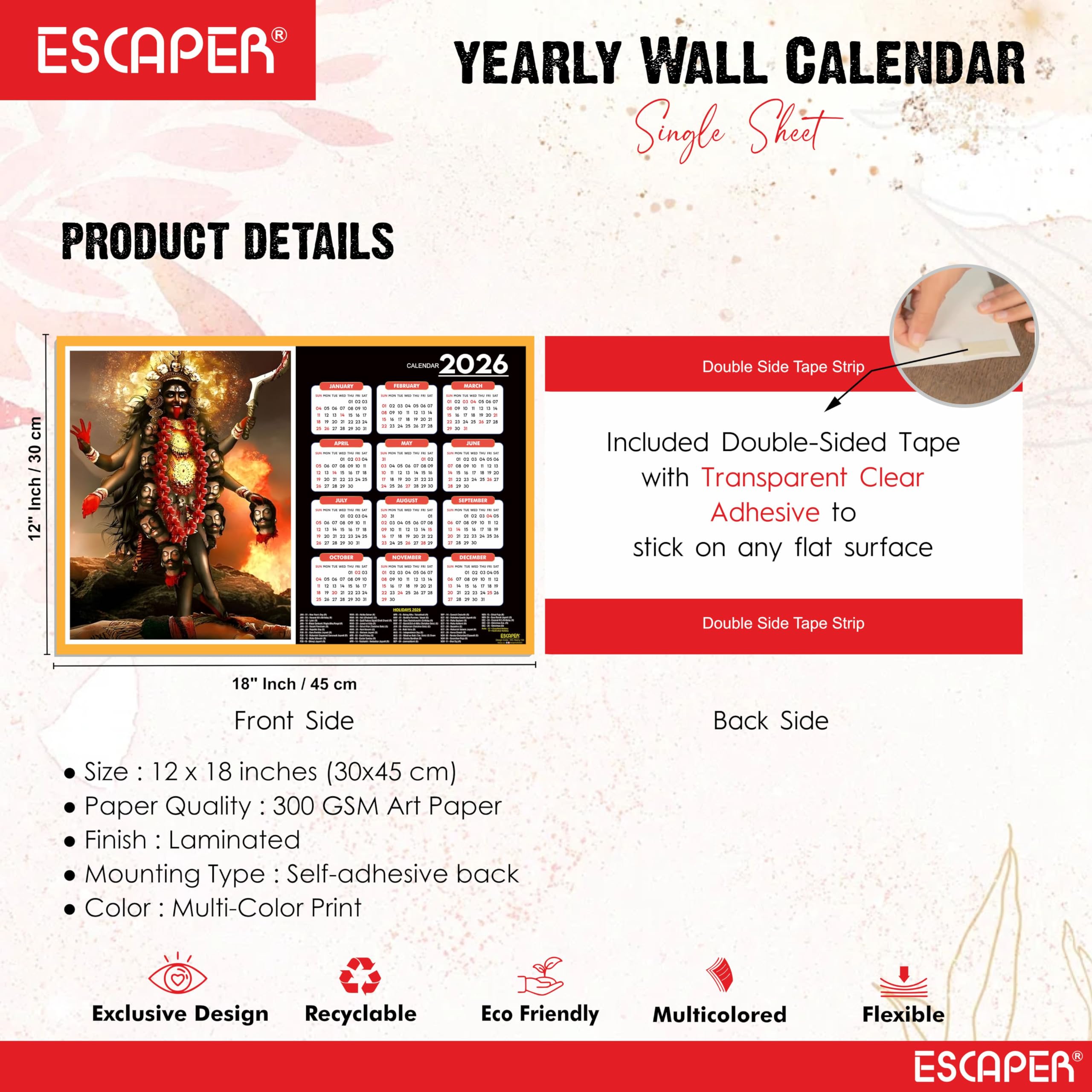 ESCAPER Göttin Lakshmi Wandkalender 2026 - 45 x 30 cm, Laxmi Ji, Laxmi Devi, Durga, Saraswati & Kali Mata Fotos, religiöser Wandkalender für Zuhause, Büro & Pooja Zimmer