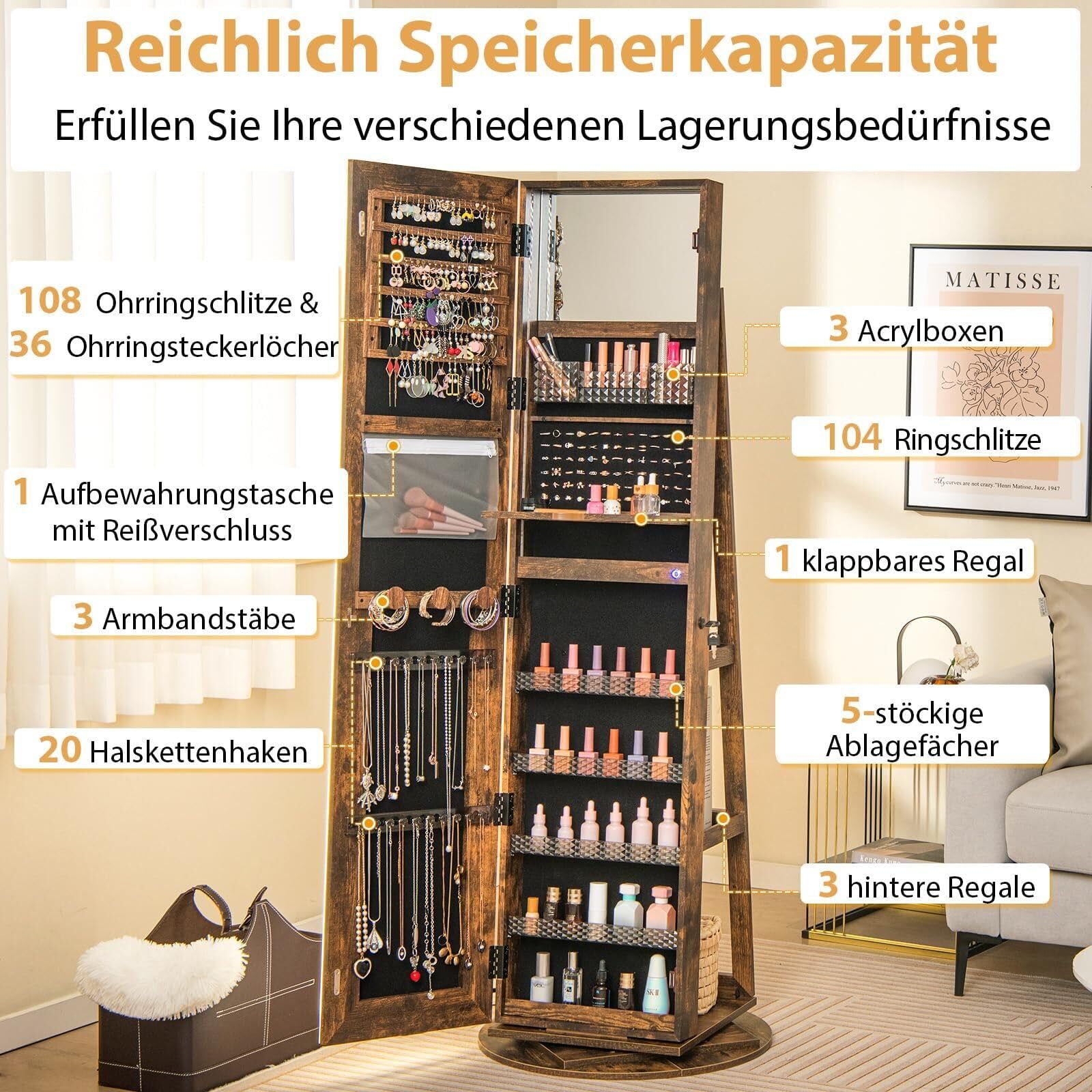 RELAX4LIFE Schmuckschrank, Schmuck Spiegelschrank stehend, Standspiegel mit LED-Lichtern, mit Ganzkörperspiegel, 3 Ablagen, 360° drehbar, abschließbar, mit Schlüsseln(Kaffee)