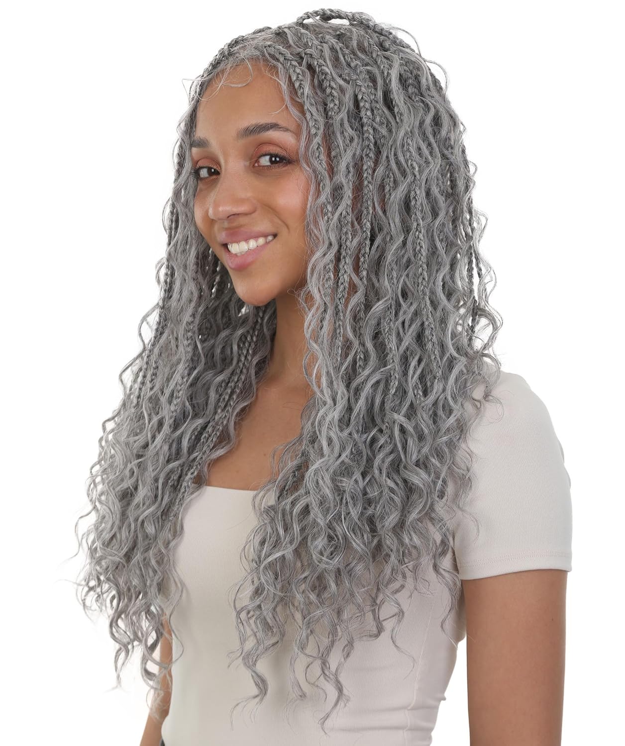 LUXLUXE Grace 25-inches Full Hand-tied Boho Box Braids Wig with Baby Hair, Heat-resistant Synthetic Fiber, (Grey)