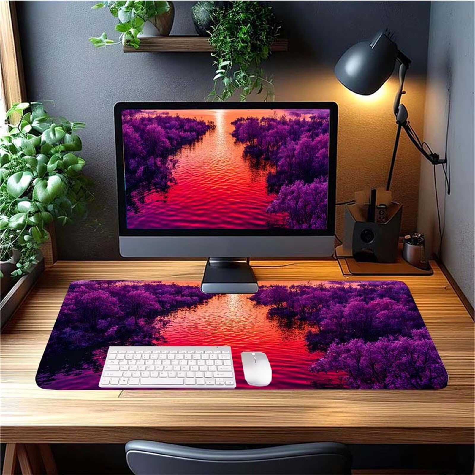 Alfombrilla Ratón Púrpura Lago Alfombrilla Ratón XXL 1400x600x3mm Mouse Pad Resiste Salpicaduras, Extendida de Gran Tamaño con Bordes Cosidos, Mejora la Precisión y la Velocidad, Antideslizante y-487