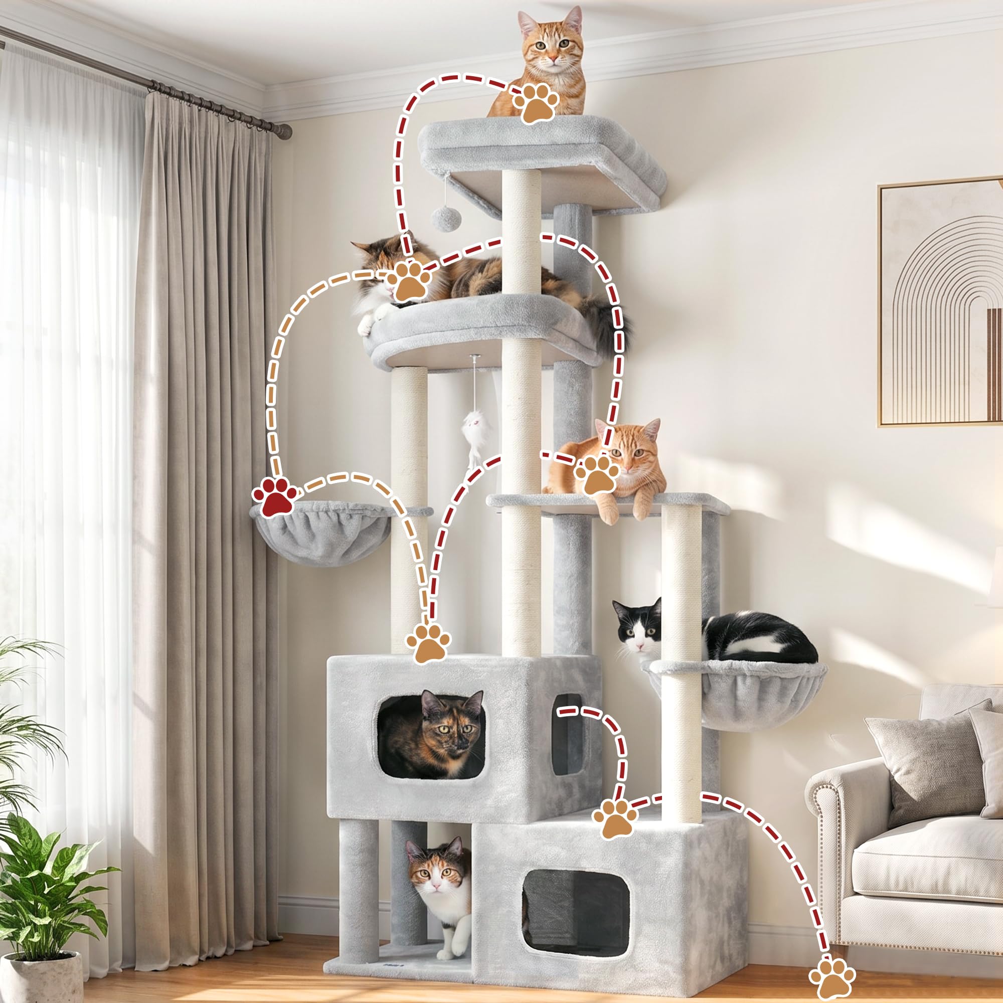 Gitelsnour Kratzbaum stabil, 181 cm hoher Katzenbaum für große Katzen mit 2 Katzenhöhlen, 3 Aussichtsplattformen und 2 Hängekörben, vollverkleidete Sisal-Kratzsäulen & Spielzeuge, Hellgrau GCT801W