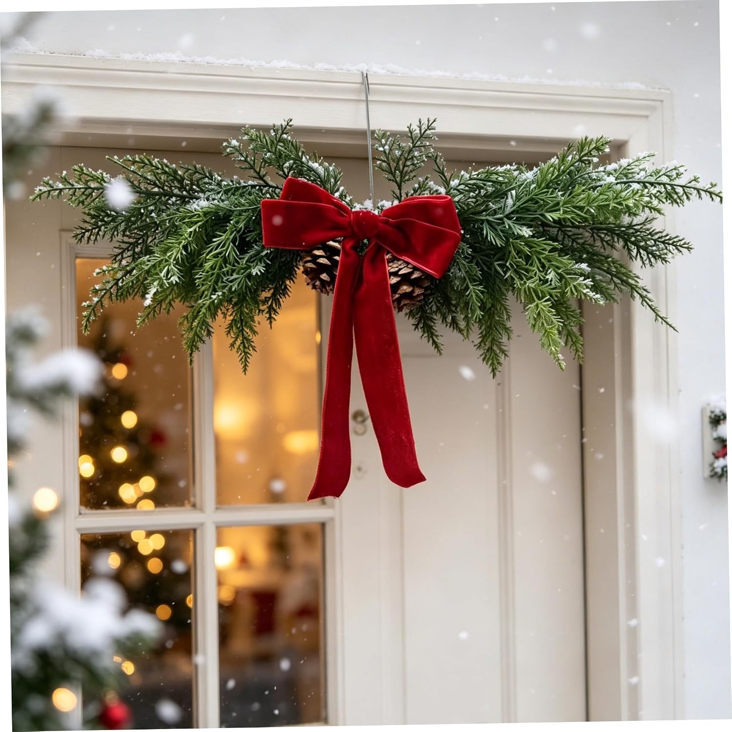 Teardrop Swag 2Pcs Pine Needle Christmas Swags with Velvet Bow & Pinecone