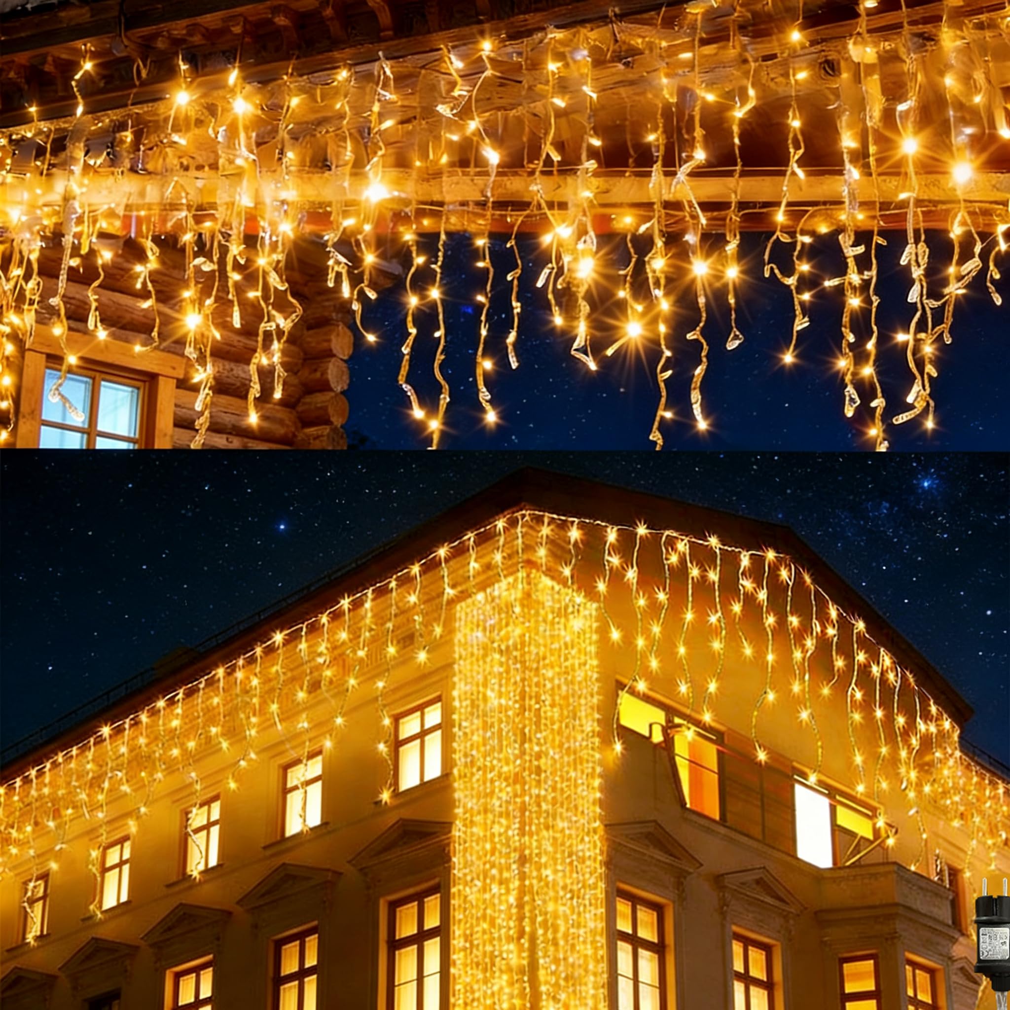 Lumières de Noël d'extérieur en cascade 10 m 400 LED, rideau lumineux extérieur, 8 modes rideau lumineux extérieur avec imperméable, décorations de jardin blanc chaud