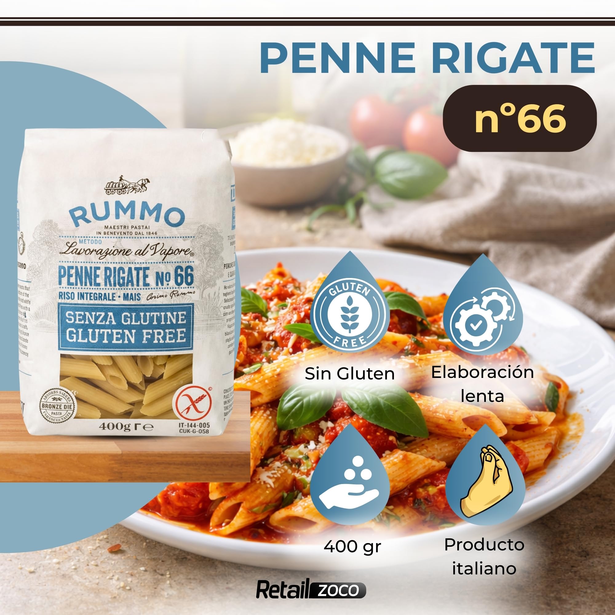 Pasta Rummo Penne Rigate SIN Gluten Nº66, Pasta Italiana, Pasta alimenticia con harina de arroz integral y maíz, Sin gluten, Elaboración lenta, Tiempo de cocción 12 minutos, 6 Paquetes de 400 gr