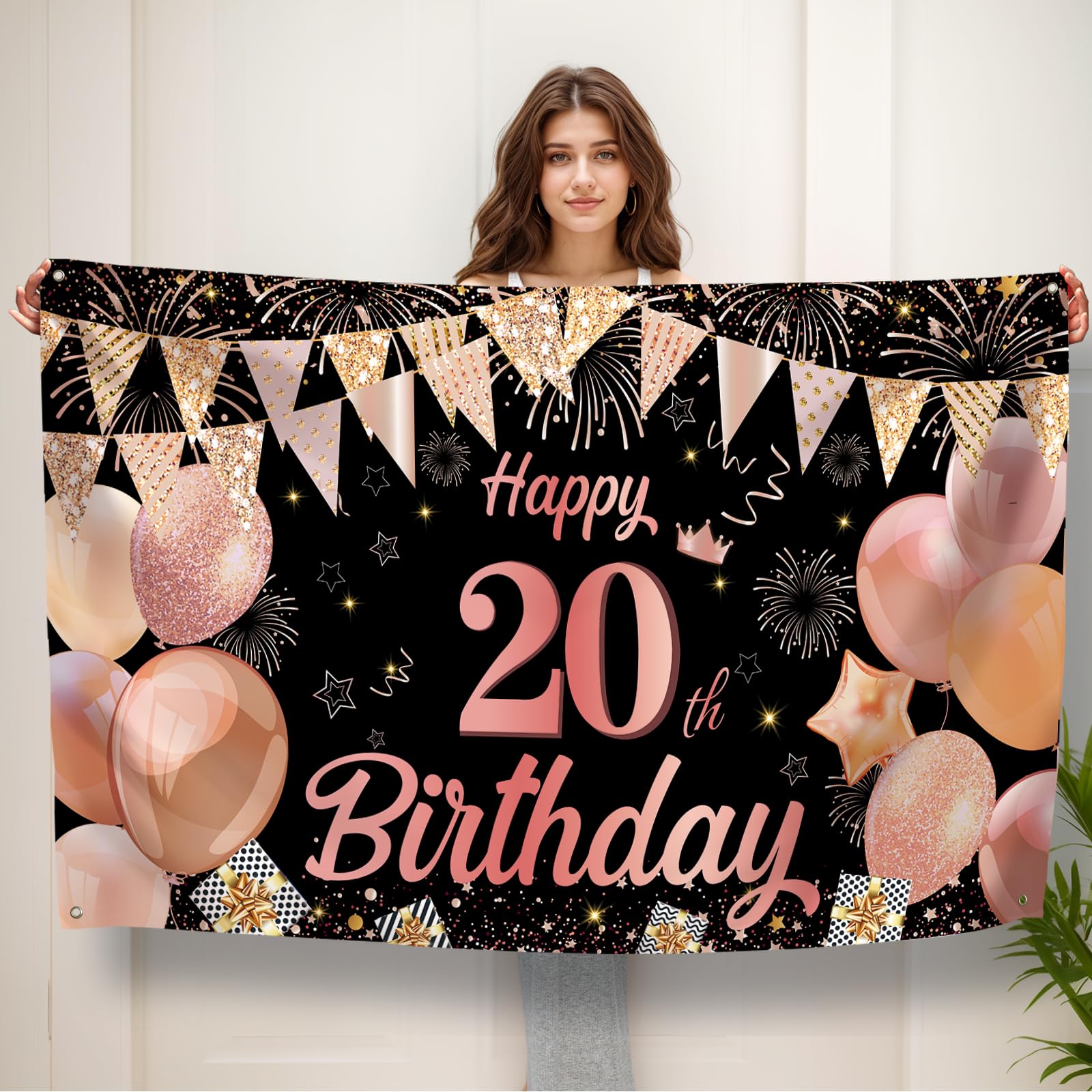 Koliphy 20th Birthday Banner, Happy 20th Birthday Banner Backdrop Decorations Handheld Extra Large Party Background Decor Sign Poster for Men & Women(Black Rose Gold)
