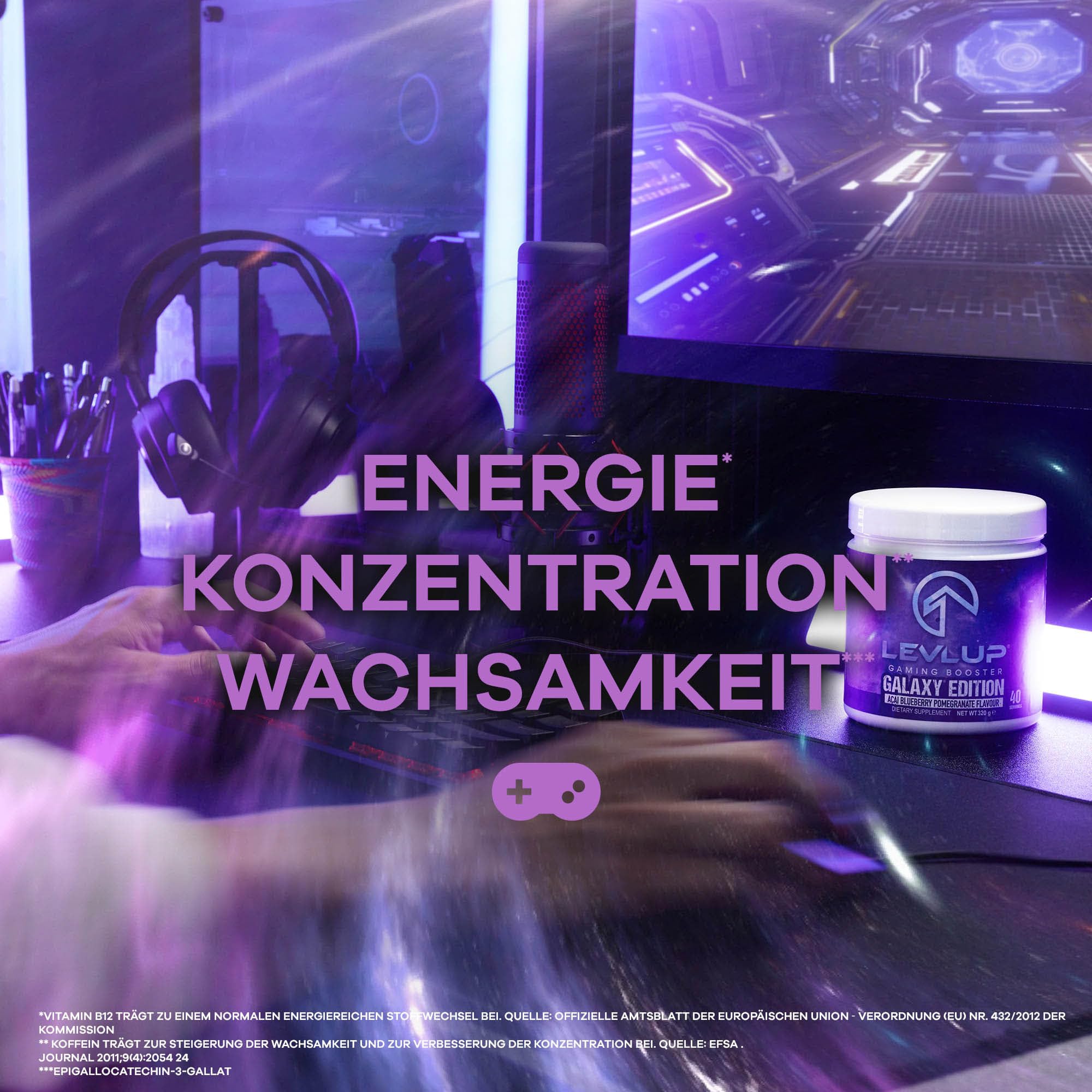 LevlUp Galaxy Edition Gaming Booster - Energy Drink für Gamer - Mit Taurin, Koffein, L-Tyrosin, Vitamin B12 - Açaí, Heidelbeere und Granatapfel - 320g - 40 Portionen