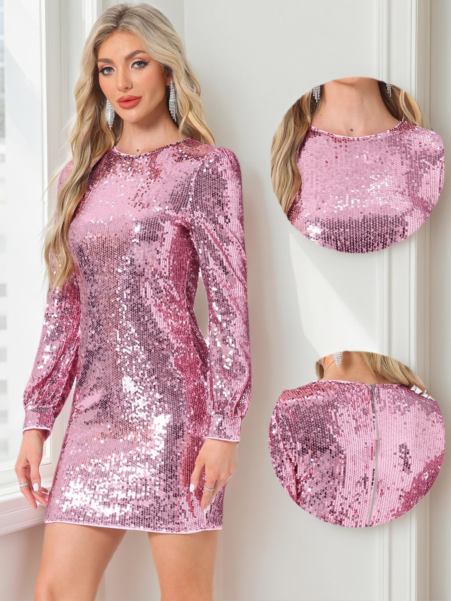 Allegra K Vestido de lentejuelas para mujer, fiesta, cóctel, farol, manga larga, brillante, discoteca, mini vestidos ajustados