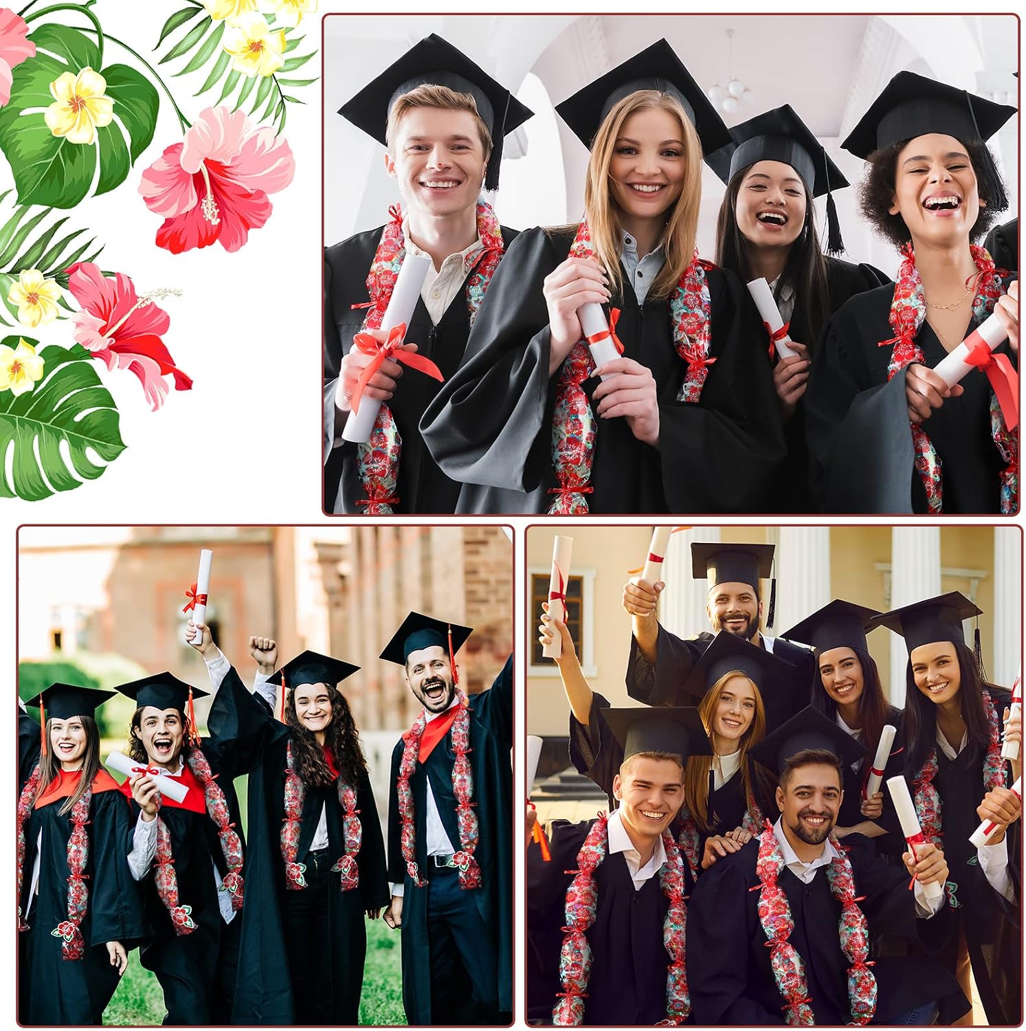 Kisston 12 Set Graduation Candy Lei Tubing Making Kit, 12 Pcs Clear Poly Lei Tubing & 3 Rolls Ribbons & 24 Hawaiian Cards for 2026 Congrats Grad DIY Candy Wreaths Class Party Gifts(Red,Hibiscus)