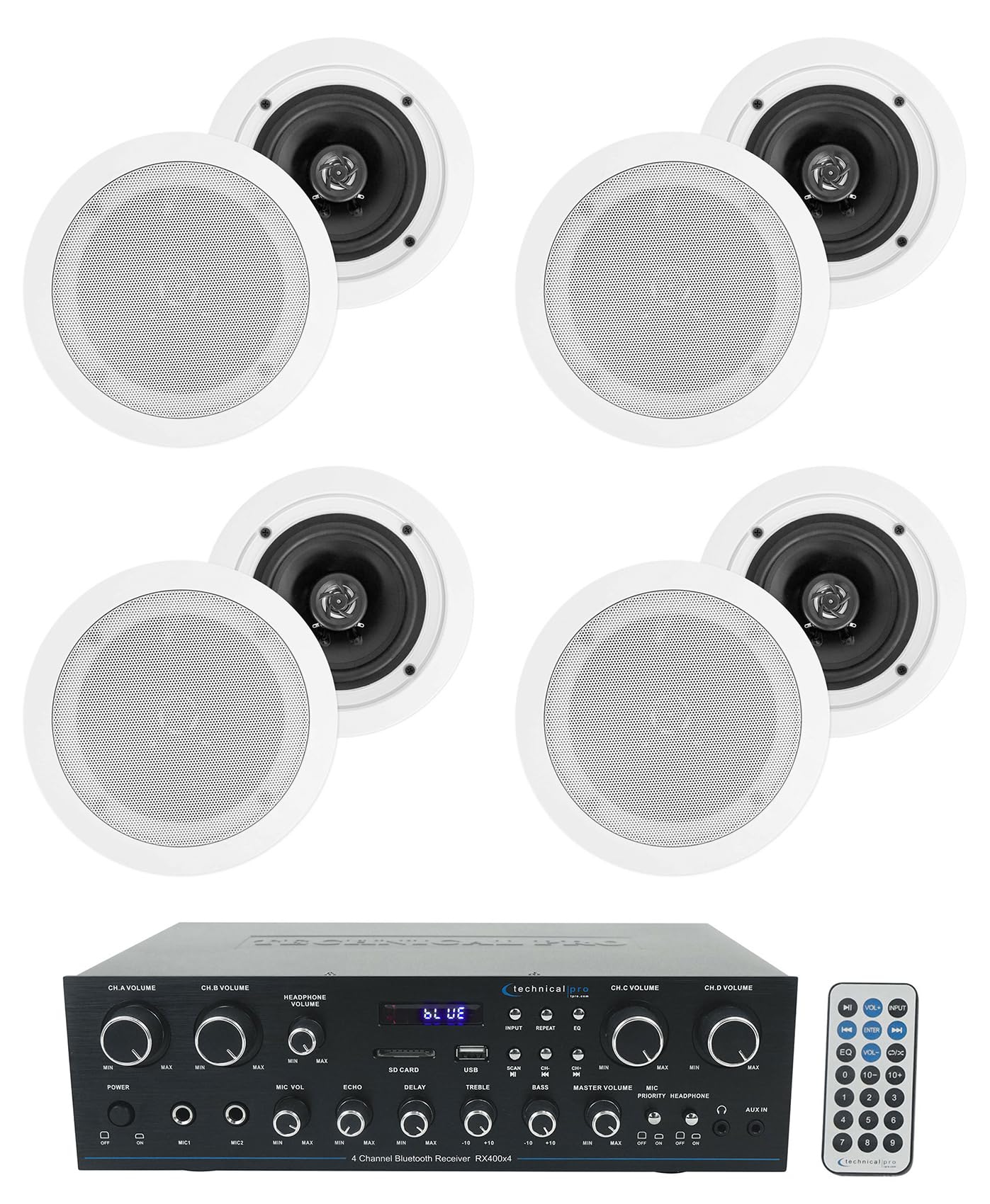 Technical Pro Bundle: RX400X4 4 Channel 8 Speaker Bluetooth Home Receiver+Mic Inputs Bundle with (4) Pairs Rockville HC55 White 5.25