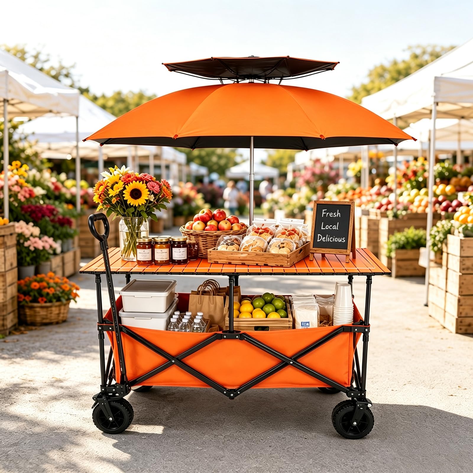 Stand da Mercato Pieghevole, Carrello da Vendita con Tavolo e Ombrellone | Bancarella Mobile con Vano Portaoggetti e Ruote per Mercatini ed Eventi(orange)