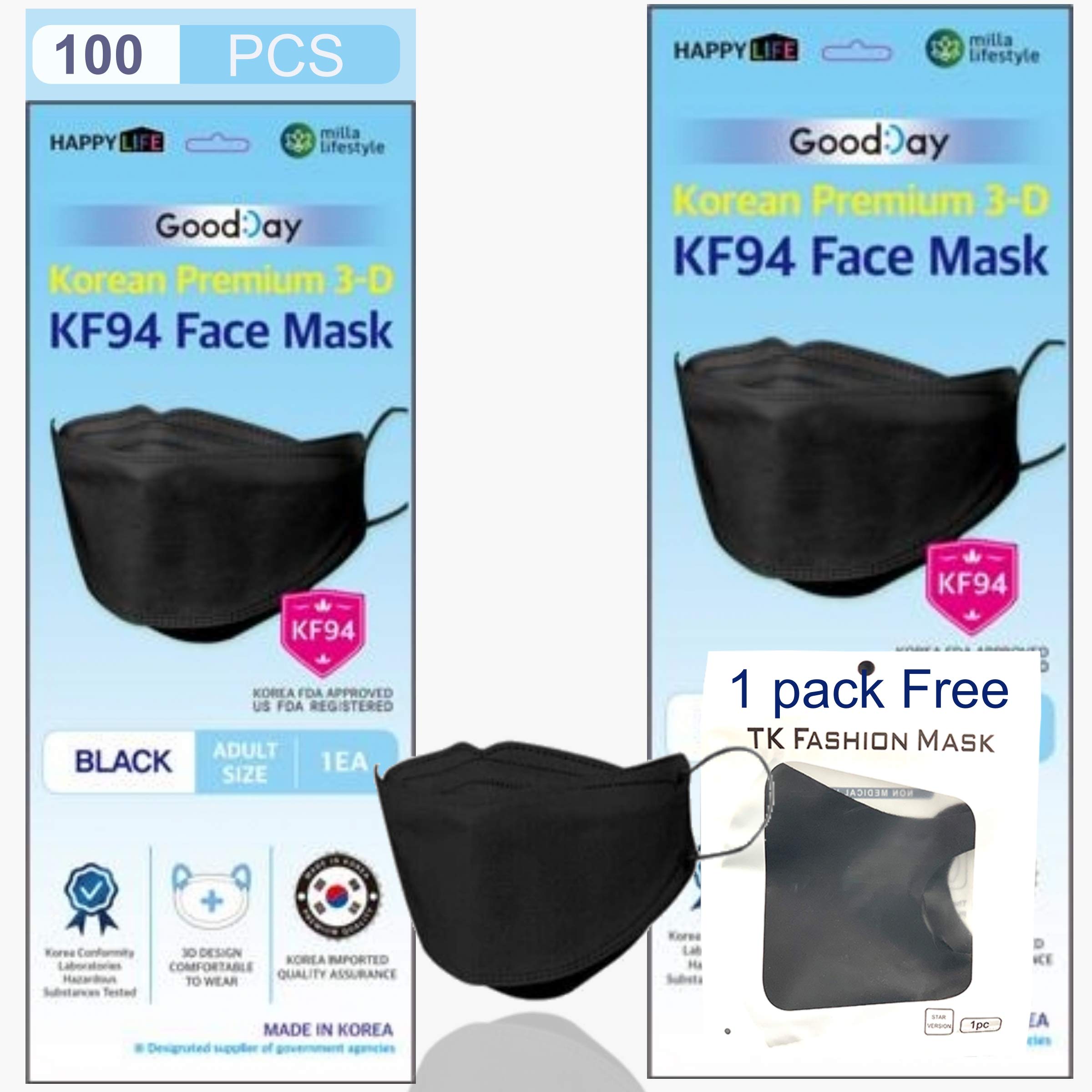 TK FASHION MASK (Pack of 100) Black Disposable KF-94 Face Mask, 4-Layer Filters (1Free Made in Korea, Nose Mouth Covering Dust Mask (individual Packed)(Black Color)