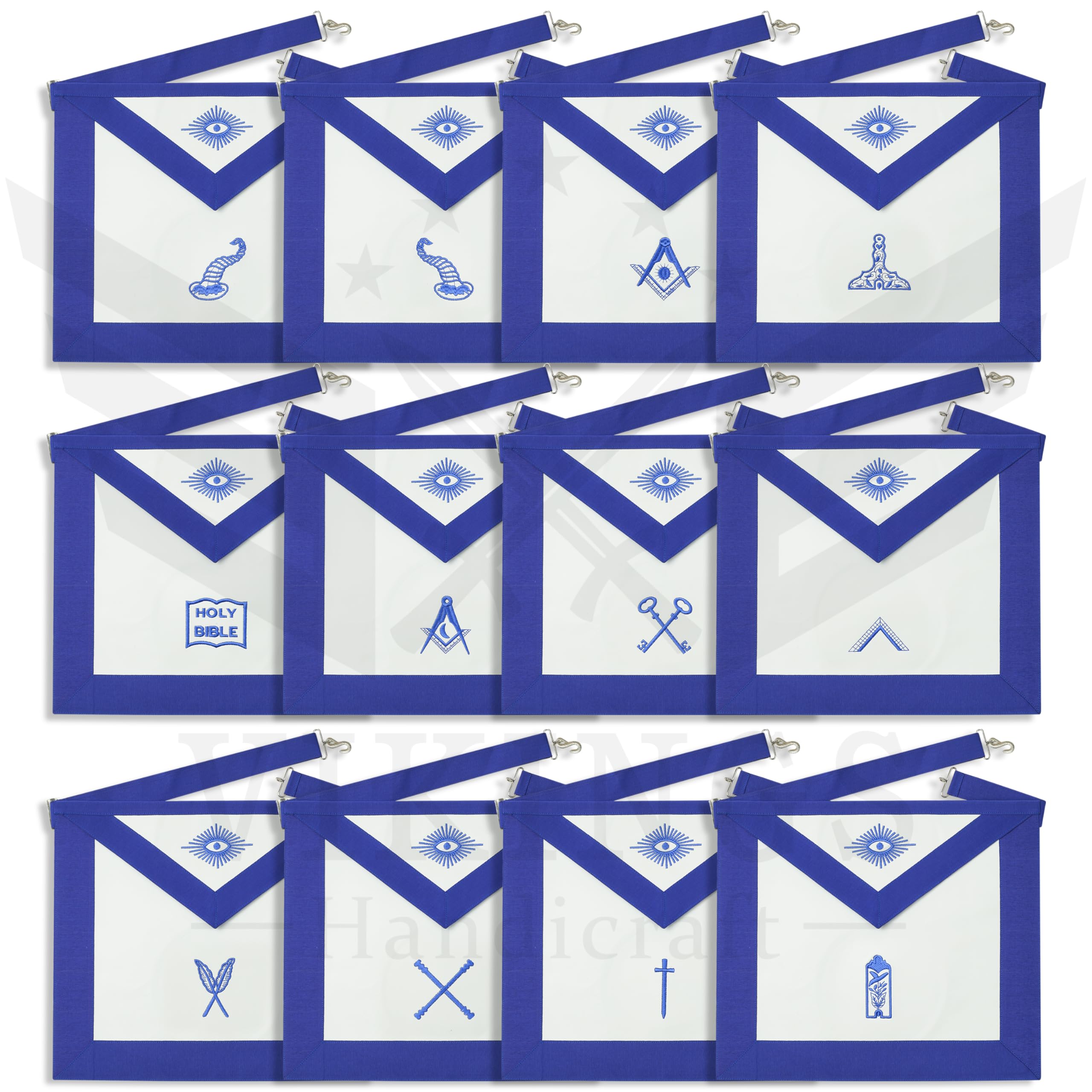 Set of 12 Masonic Blue Lodge Officer Regalia Kits – Includes 12 Aprons, 12 Chain Collars, 12 Jewels & 12 Embroidered Glove Pairs – Bulk Freemason Worshipful Master & Officer Set