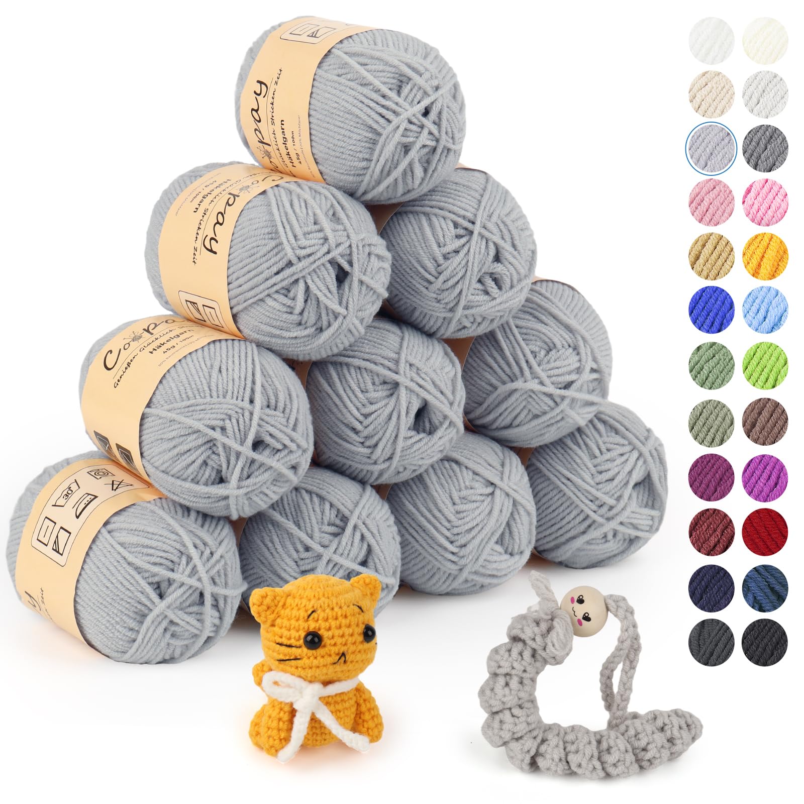 Coopay Wolle zum Häkeln, 450g (10x45g) Weiches Häkelgarn, 5 Faiding Wolle zum Stricken, Babywolle zum Häkeln für Anfänger, Super Weich Häkelgarn Babywolle für Häkel- und Strickprojekt - Wellblau-grau