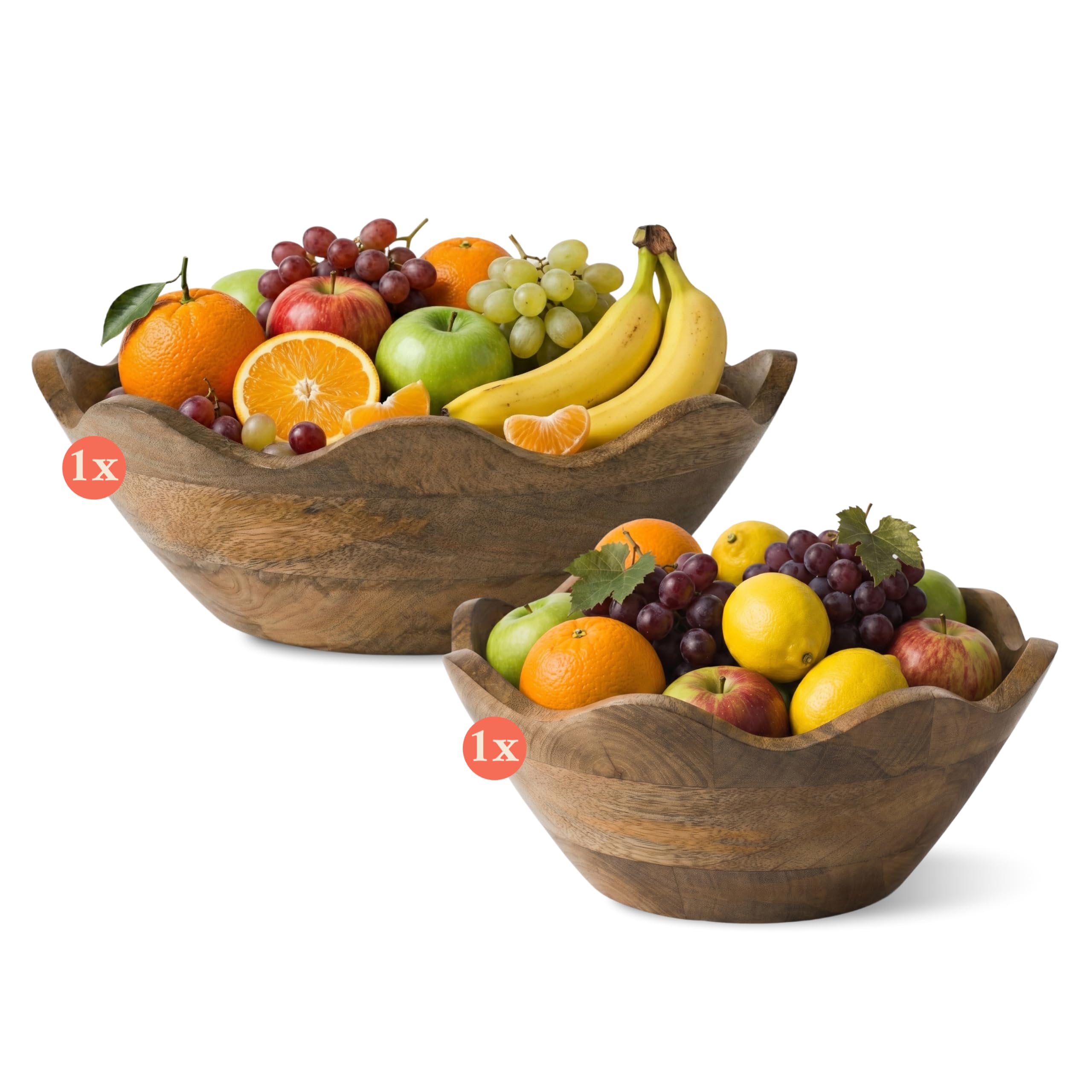 Mela Artisans Cuenco festoneado de madera – Juego de 2 grandes y medianos | Acabado de grano natural de madera de mango | Se adapta a pan, frutas, ensalada o palomitas de maíz | 12 x 4 x 12 pulgadas,