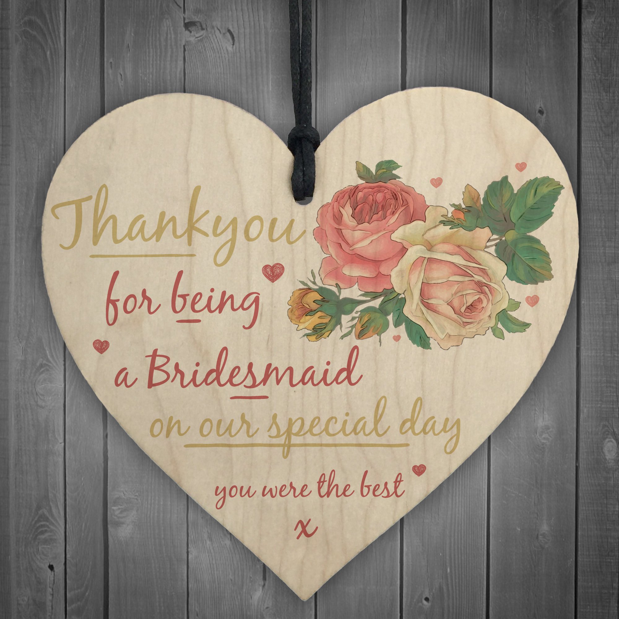 Red Ocean Thank You For Being A Bridesmaid Wooden Hanging Heart Wedding Favour GIFT Plaque Keepsake
