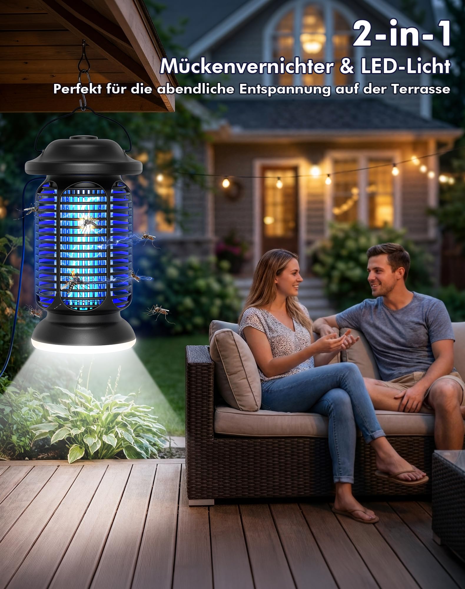 Insektenvernichter Elektrisch 4000V, Fliegenfalle Elektrisch 20W mit LED Licht, UV Mückenlampe IPX4 Wasserdicht, Anti Mücken Fliegen Insekten, Mückenfalle für Draußen Innen