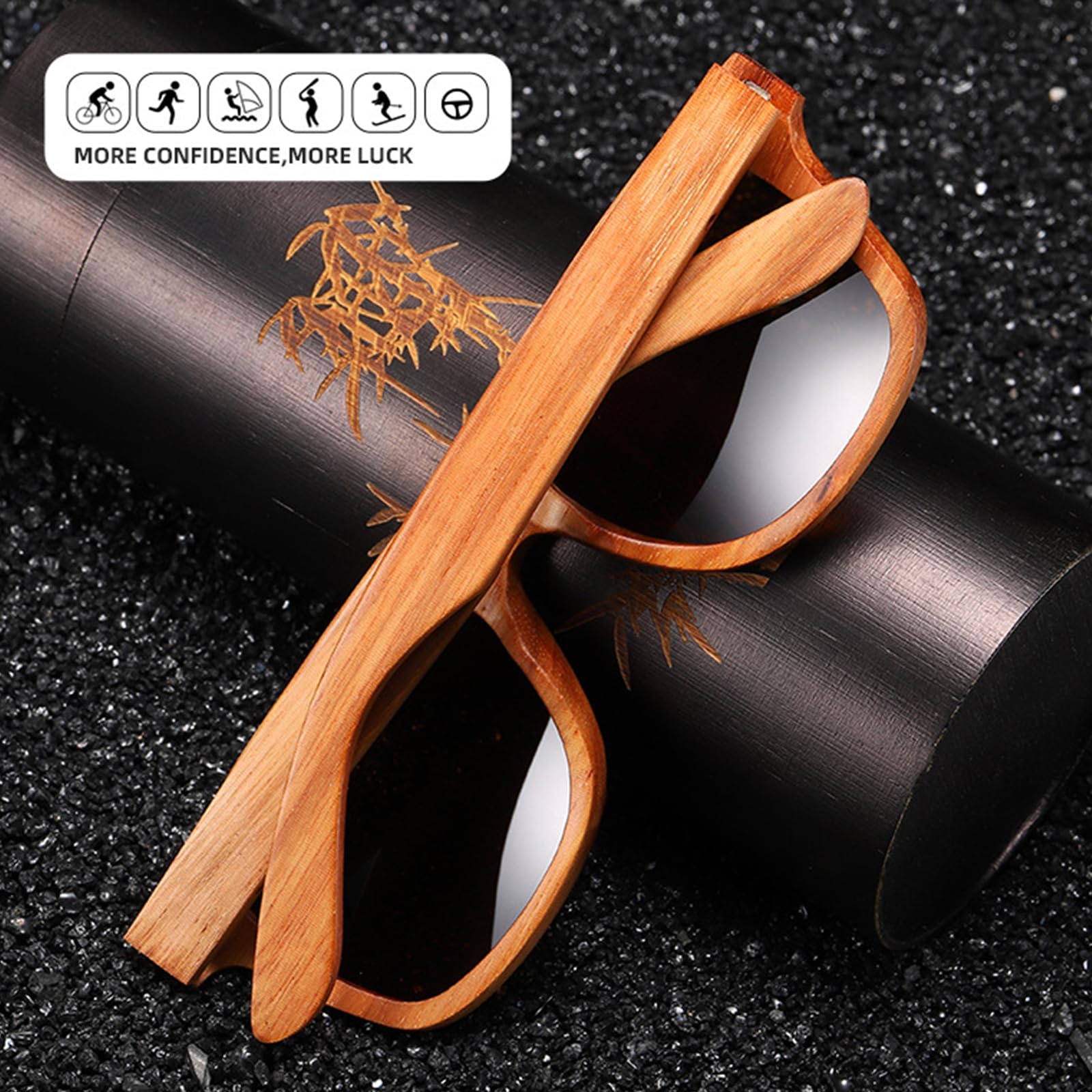 Sonnenbrille Holz Herren & Damen Polarisiert - Schwimmende Bambus Brille UV400 - Retro Style - Leicht & Robust Für Autofahren, Sport & Strand - Inkl. EtuiC,1