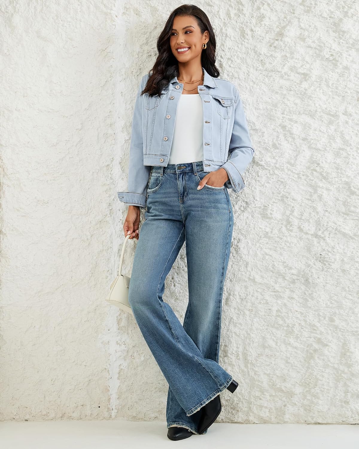 Vetinee Cropped Jean Jacket Women Trendy Button Down Lightweight Slim Fit Short Trucker Stretchy Denim Jackets Shackets - Image 6