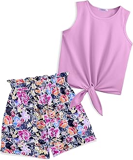 Arshiner Girl's 2 Piece Outfits Tie Knot Tank Top and Paperbag Waist Pocketed Summer Short Sets