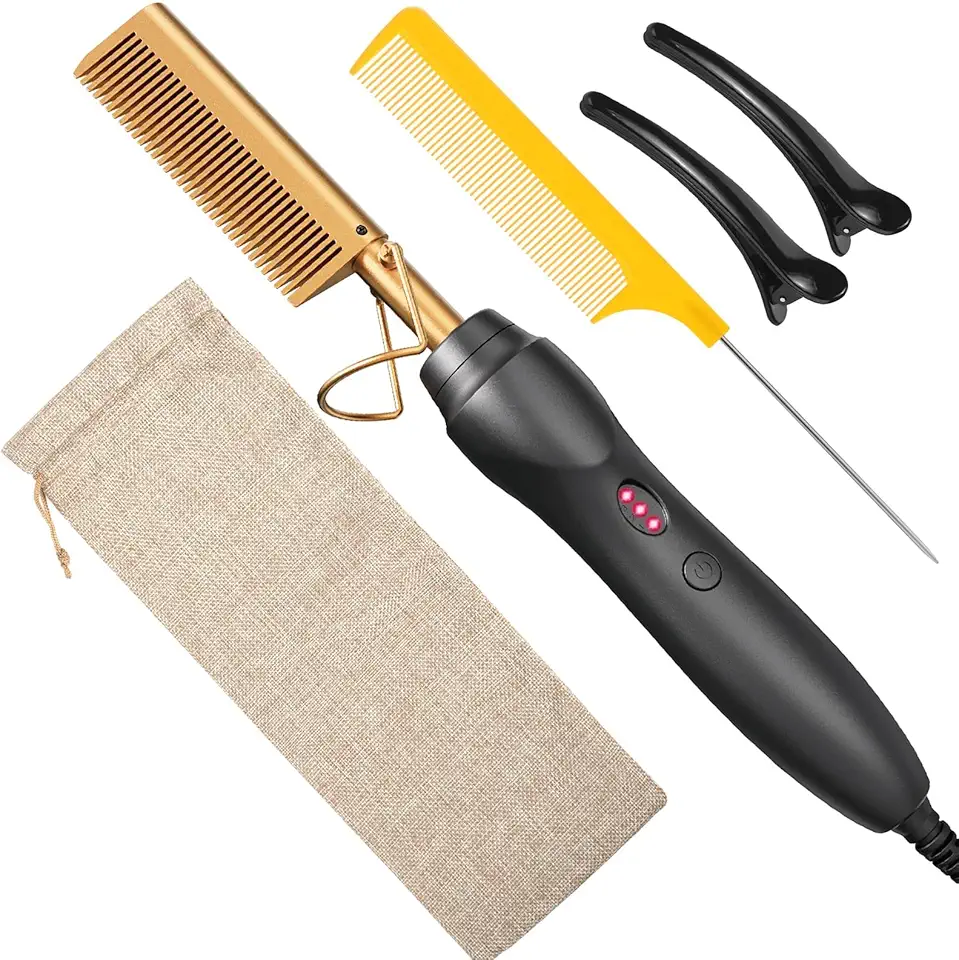 Pentes alisadores de cabelo com pente quente prensado a calor - pente elétrico de cerâmica para alisamento de cabelo, modelador de cachos para cabelo preto natural, perucas de barba, - 3 em 1