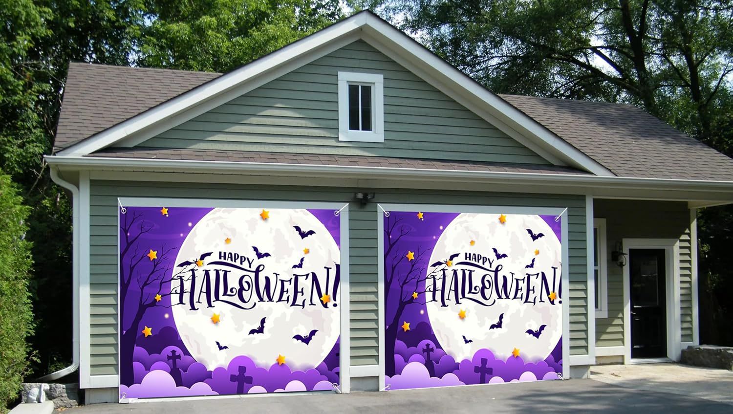 7x8ft Halloween Night Sky Garage Door Decor Full Moon with Bats Stars Tombstones Bare Trees Happy Halloween Garage Door Cover Indoor Outdoor Celebration Festive Decor