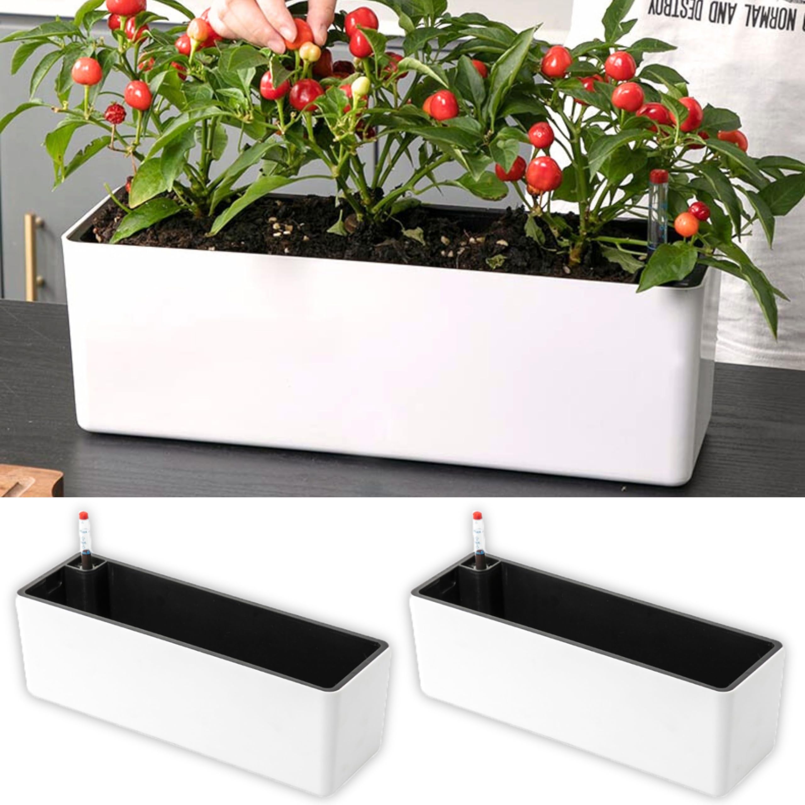 LaLaGreen Pflanzkasten für Zimmerpflanzen (40,6 cm, 2 Stück), weiß, rechteckig, selbstbewässernder Blumentopf, große Fensterkästen, Pflanzgefäße mit Drainage, dekorativ, modern, Balkon, Fensterbank