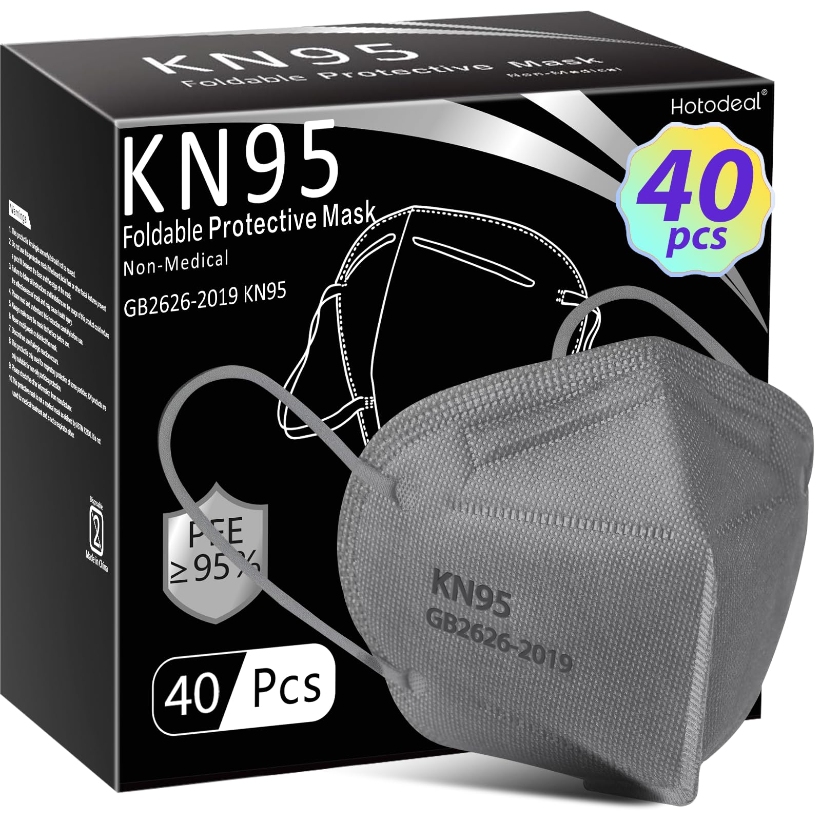 Hotodeal KN95 Face Mask 40 PCs, Grey KN95 Mask, 5 Layers Cup Dust Mask, for Men, Women, Healthcare Worker, Essential Workers