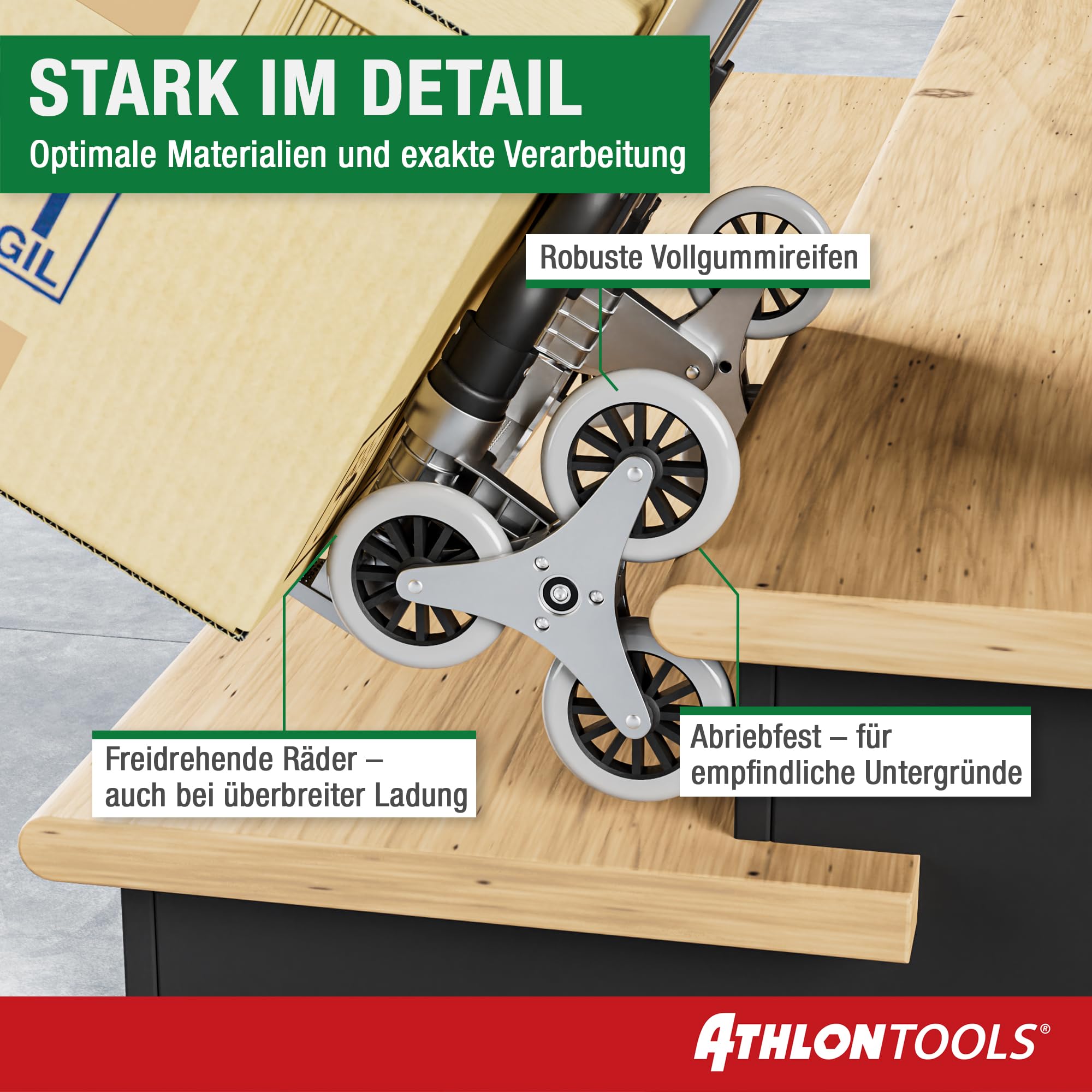 ATHLON TOOLS Treppensteiger Sackkarre klappbar TÜV GS-geprüft – Profi Treppensackkarre aus Aluminium leicht - Extra Langer Griff 110cm & Ladefläche mit Anti Rutsch Pads - Transporthilfe für Treppen