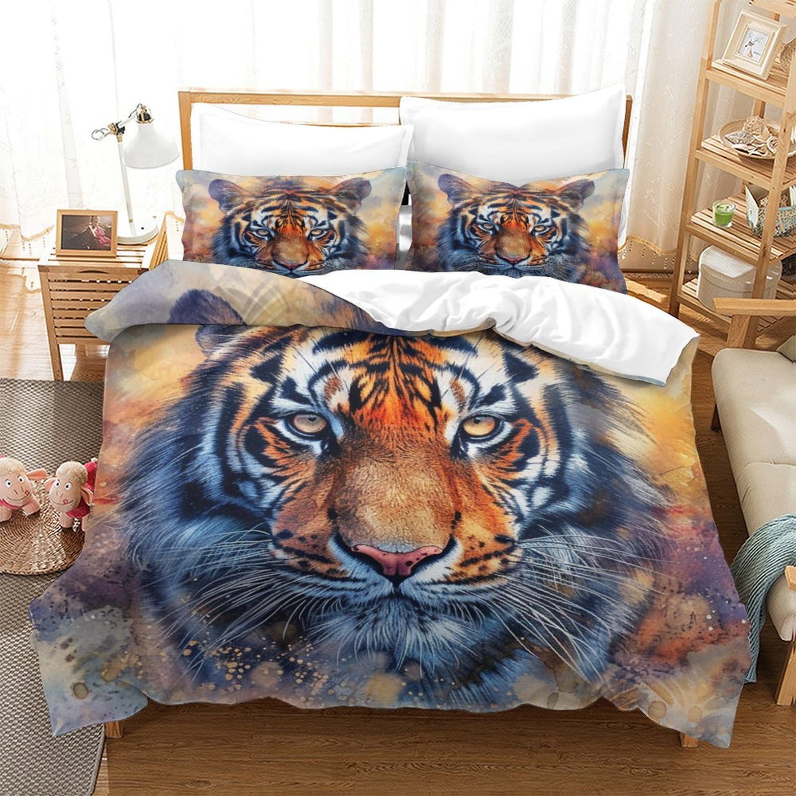 NRAOPEVVD Tiger Duvet Cover Sets 3 PCS Hotel Quality Quilt Cover Bed Sets Bed Covers with Pillowcases with Zipper Closure Ultra Soft Hypoallergenic Microfiber Single（140x200cm）