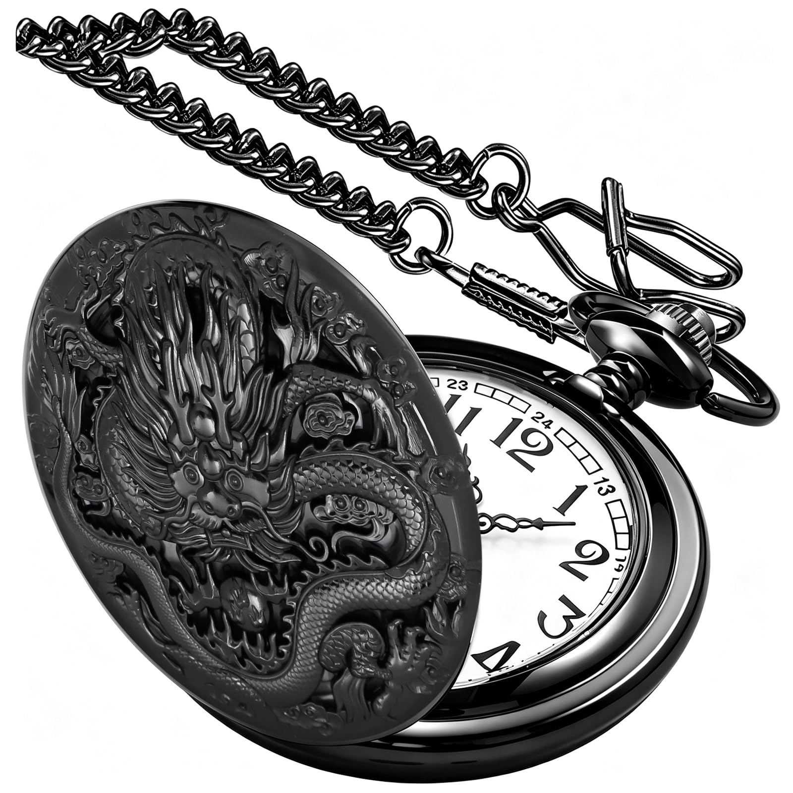 Dragon Quartz Pocket Watches for Men Roman Numerals Pocket Watch with Chain