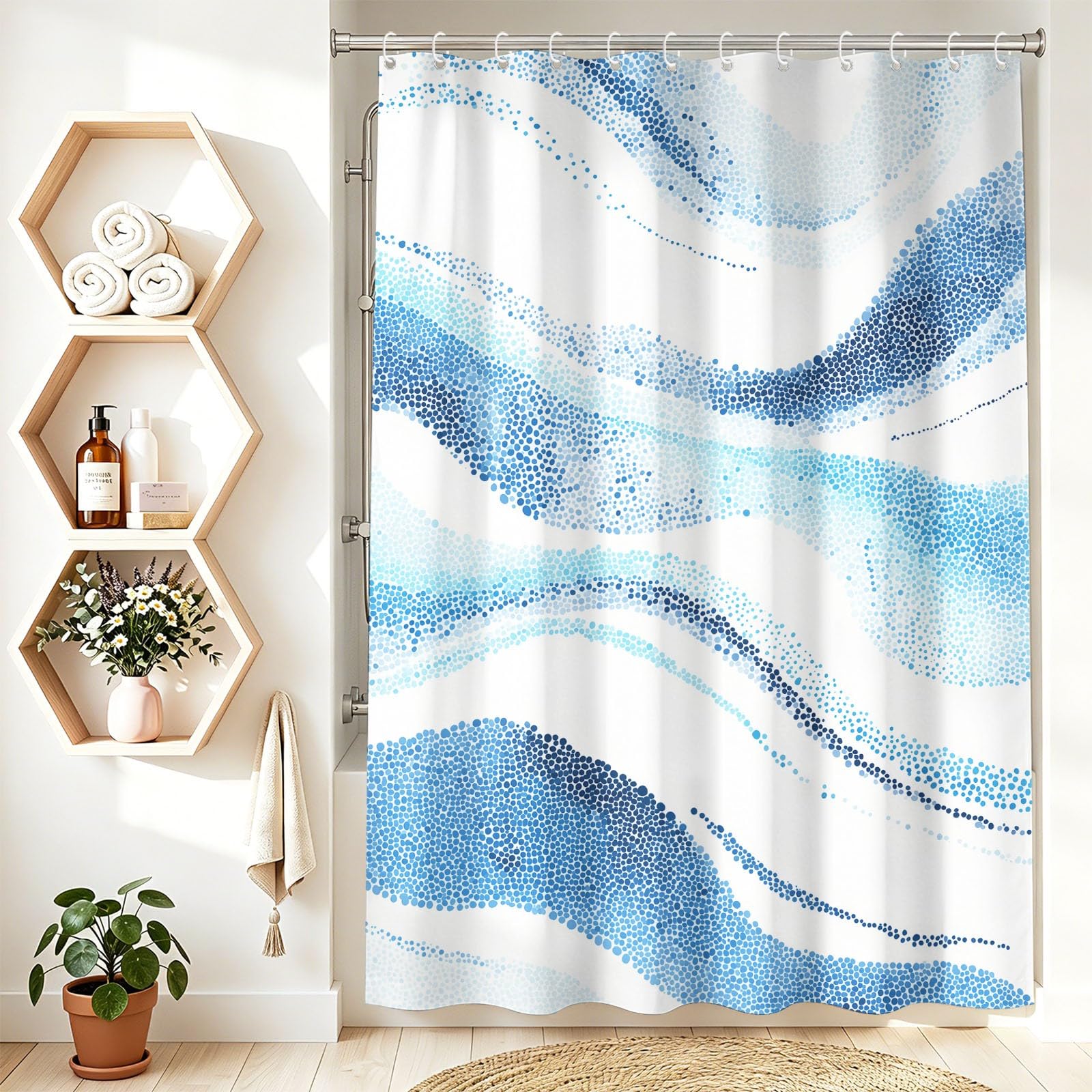 Rideau de Douche Moderne Minimaliste en Polyester imperméable et Lavable avec Crochets, 240 x 200 cm, Rideau de Salle de Bain Abstrait Frais Été Pois Fluide Vagues pour Salle de Bain